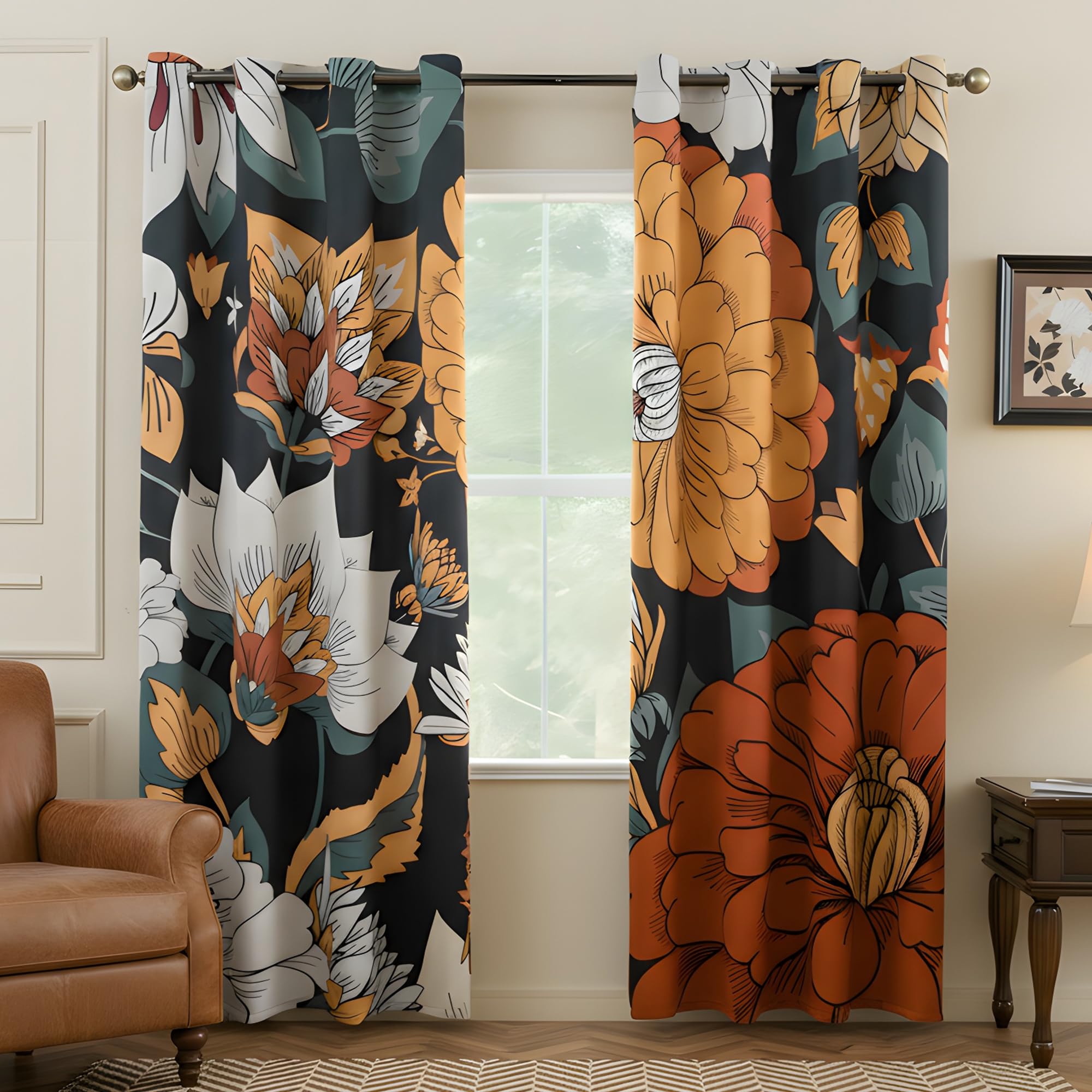 LOSIVISHE Botanical Curtain for Living Room – 80% Blackout Floral Vintage Curtains & Drapes, Room Darkening Energy Efficient Curtains Perfect for