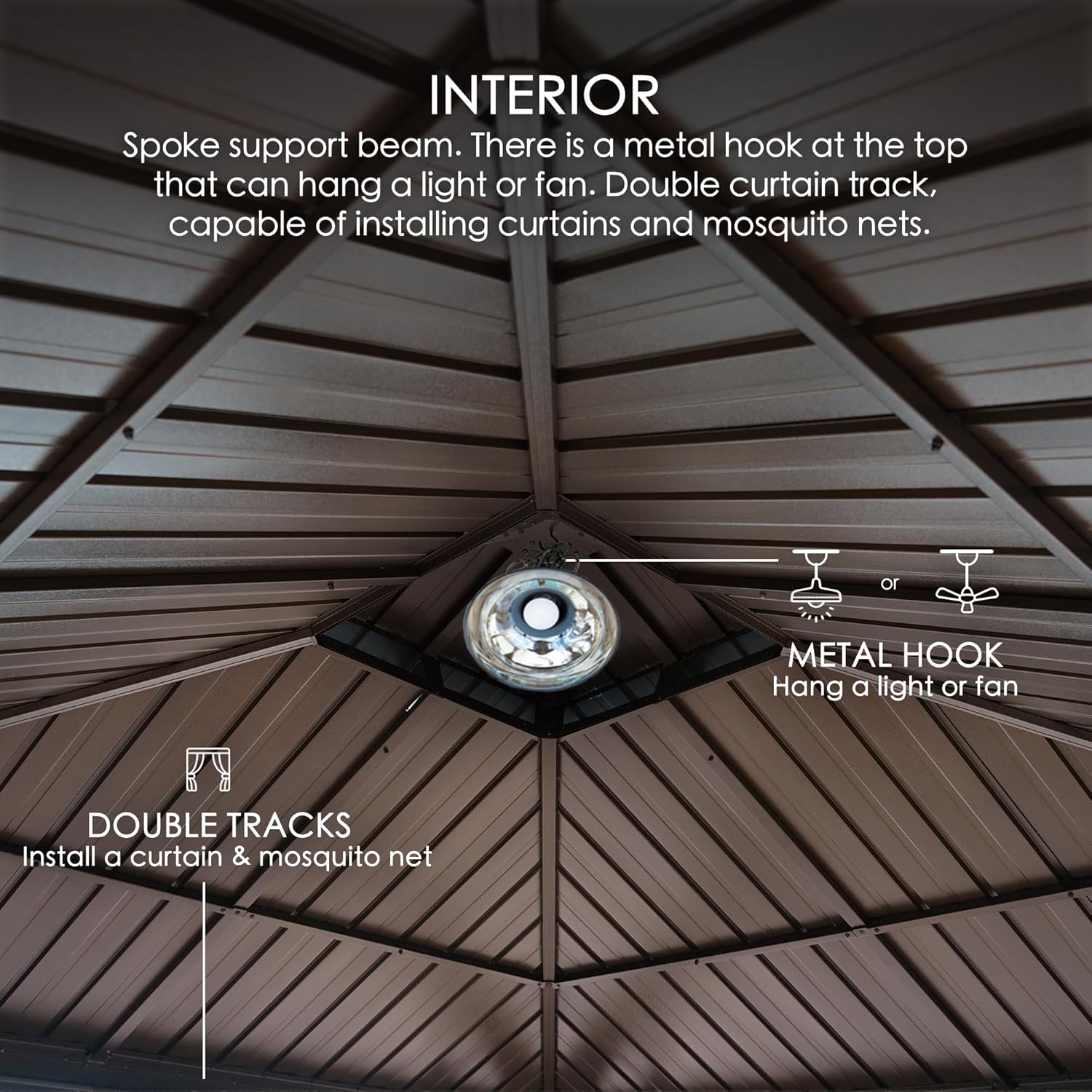 Interior view of the gazebo roof showing a central hook for lights or fans and the double tracks for curtains and netting.