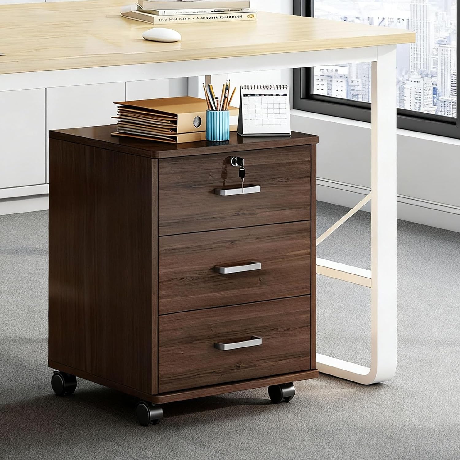 3-Drawer File Cabinet,Mobile Filing Cabinet with Lock,Wood Under Desk File Organizer for Home Office Storage Rolling,Fits Letter/Legal/A4 Files Under Desk,White/Black(Oak)
