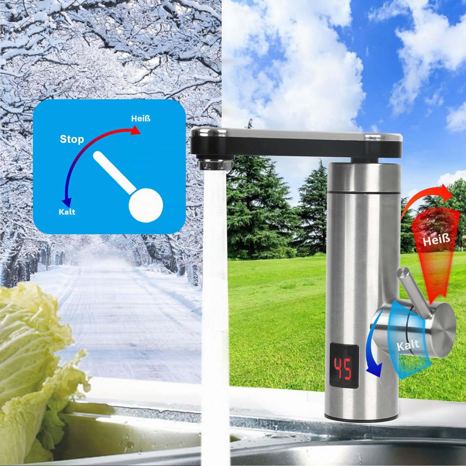 Elektrischer Wasserhahn für sofortiges heißes Wasser, 3 kW, elektrischer Wasserhahn für die Küche mit Digitalanzeige, 360 ° drehbar, Mischbatterie für Warmwasserbereiter aus Edelstahl