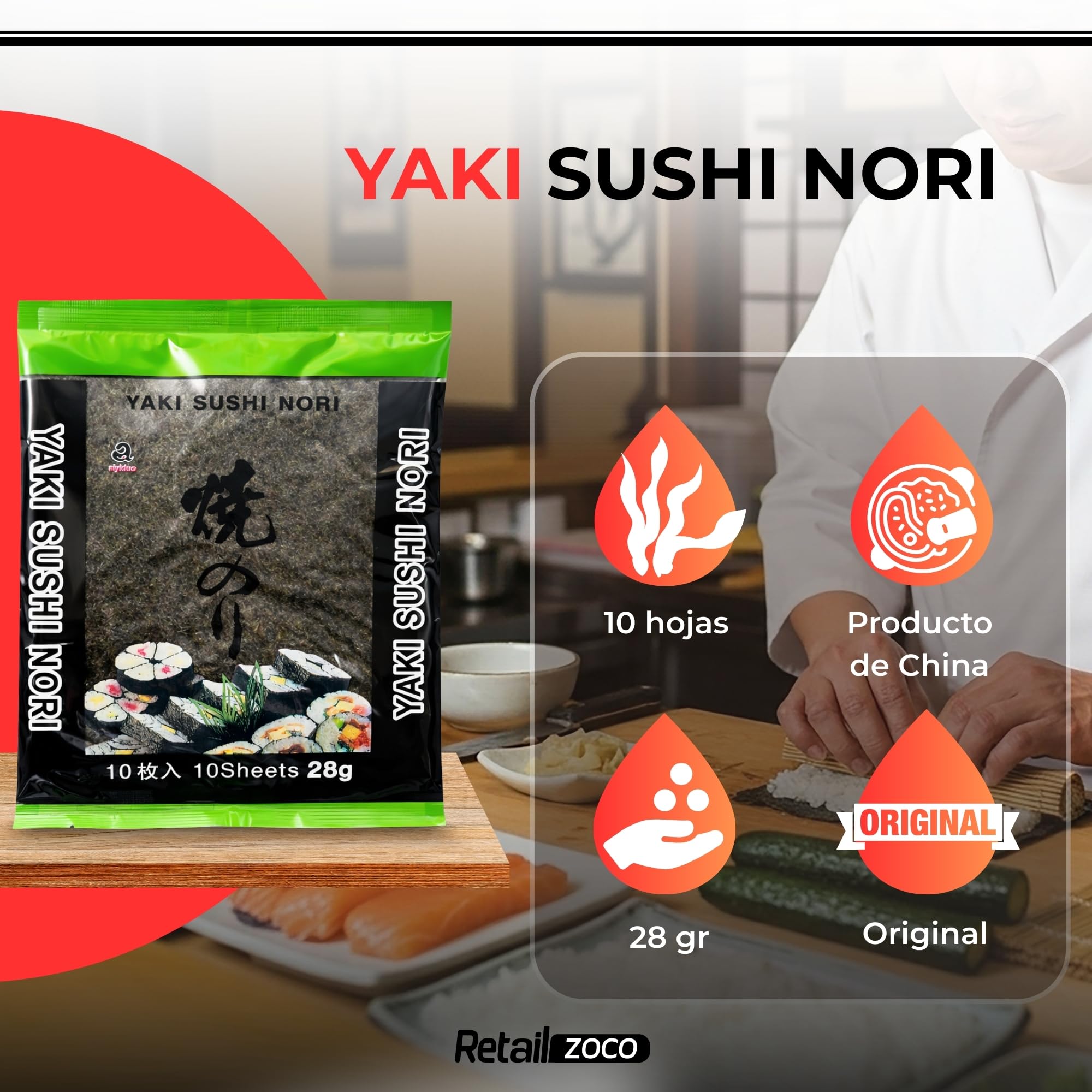 Alga Nori Yakinori, son ideales para enrollar el sushi, temaki y onigiri, Las hojas de alta calidad tienen un color vibrante y textura crujiente Grado Gold, Contiene 1 paquete de 10 hojas de 25 gr - imagen 2