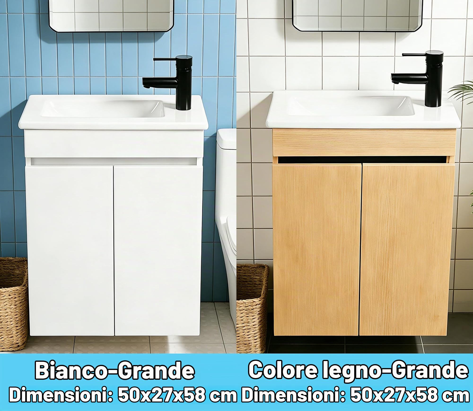 NUESTRA VIDA Mobile sottolavabo 50 cm con mobiletto, set di mobili da bagno con lavabo, mobile da appendere per piccoli bagni, ospiti, WC, senza rubinetto, bianco (50 x 27 x 58 cm)