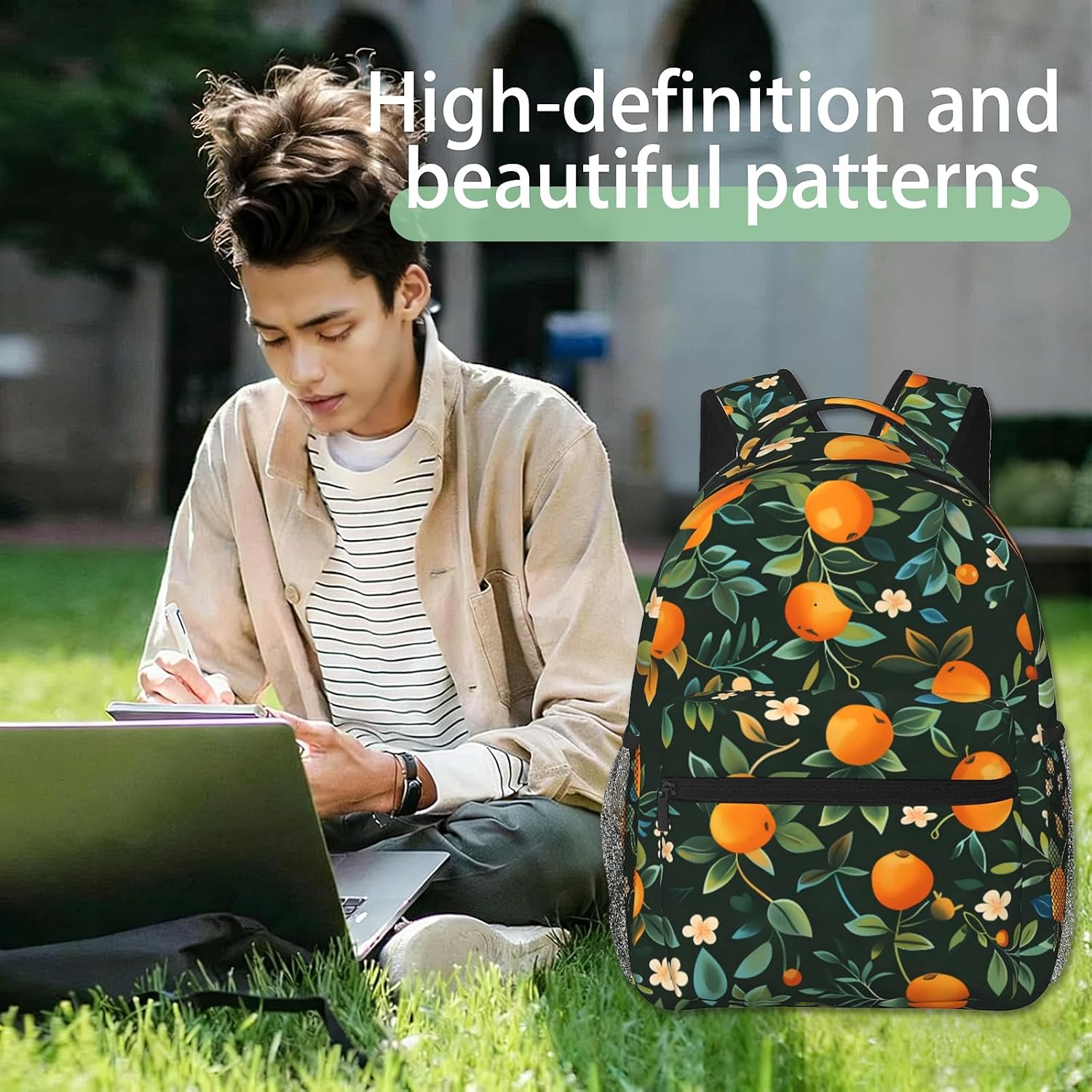 Funny Orange Floral Backpack, Polyester Backpacks with Straps, 11.4inx5.9inx15.7in, Multi-Pocket Storage Bookbag, Ideal For School Travel Work Hiking Camping, Girls Boys Women Gifts
