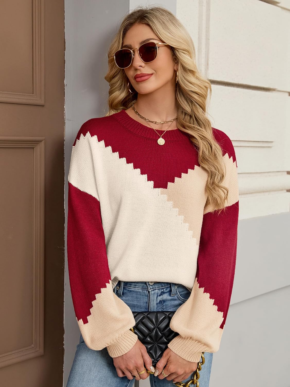 SunnyMelody Womens Oversized Color Block Crew Neck Sweater Fall 2025 Trendy Ribbed Knit Long Sleeve Pullover Tops - Image 2