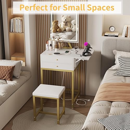 Miniatura 3 de Small Makeup Vanity Desk with Lights - White Girls Vanity Set with Mirror and Chair, Make Up Dresser Table with Drawers and Power Outlet for Bedroom