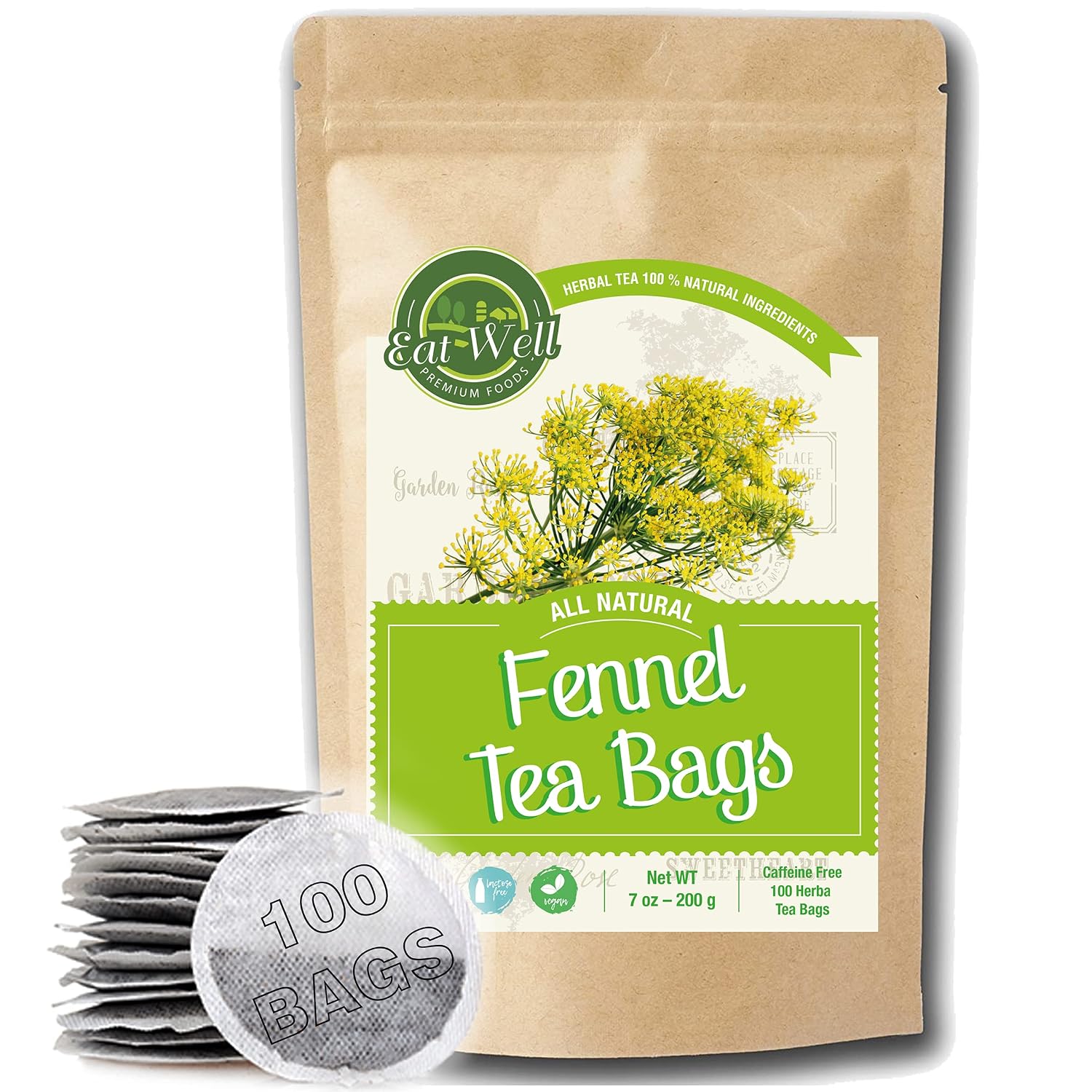 Eat Well Fennel Tea Bags, 100 bags Bulk Size 7 oz, 100% Natural Fennel Leaves Tea, Tea for Home or Office, Herbal Tea Bags, Herbal Tea Gift, 100 Herb Tea Bags in Re-Sealable Pack
