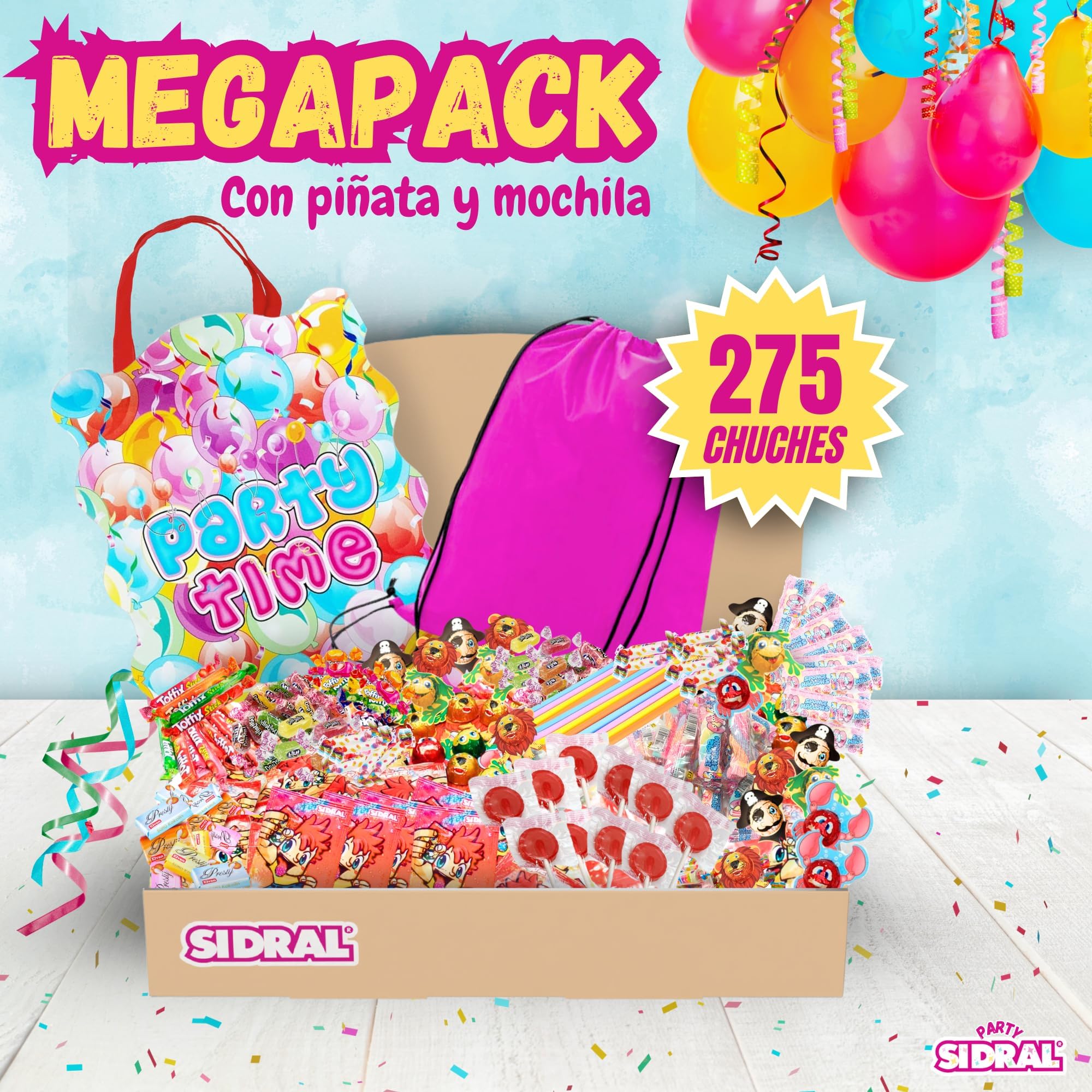 SIDRAL .275 chuches variadas+piñata+mochila para llevar chuches :Cañas y sobres Sidral, chocolate, gominolas, caramelos blandos rellenos gel de frutas - Perfectas para Regalar.