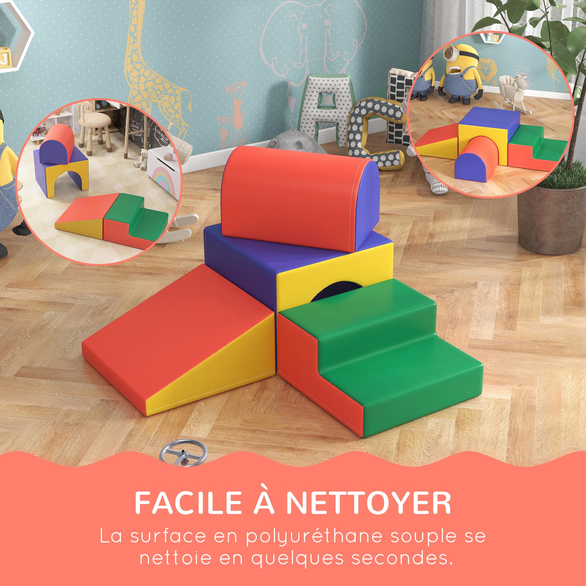 HOMCOM Parcours motricité bébé 4PCS, Module motricité bébé en Mousse EPE avec Housse en revêtement synthétique, Blocs Mousse de Construction, Jouets éducatifs Enfants d'âge préscolaire, Multicolore