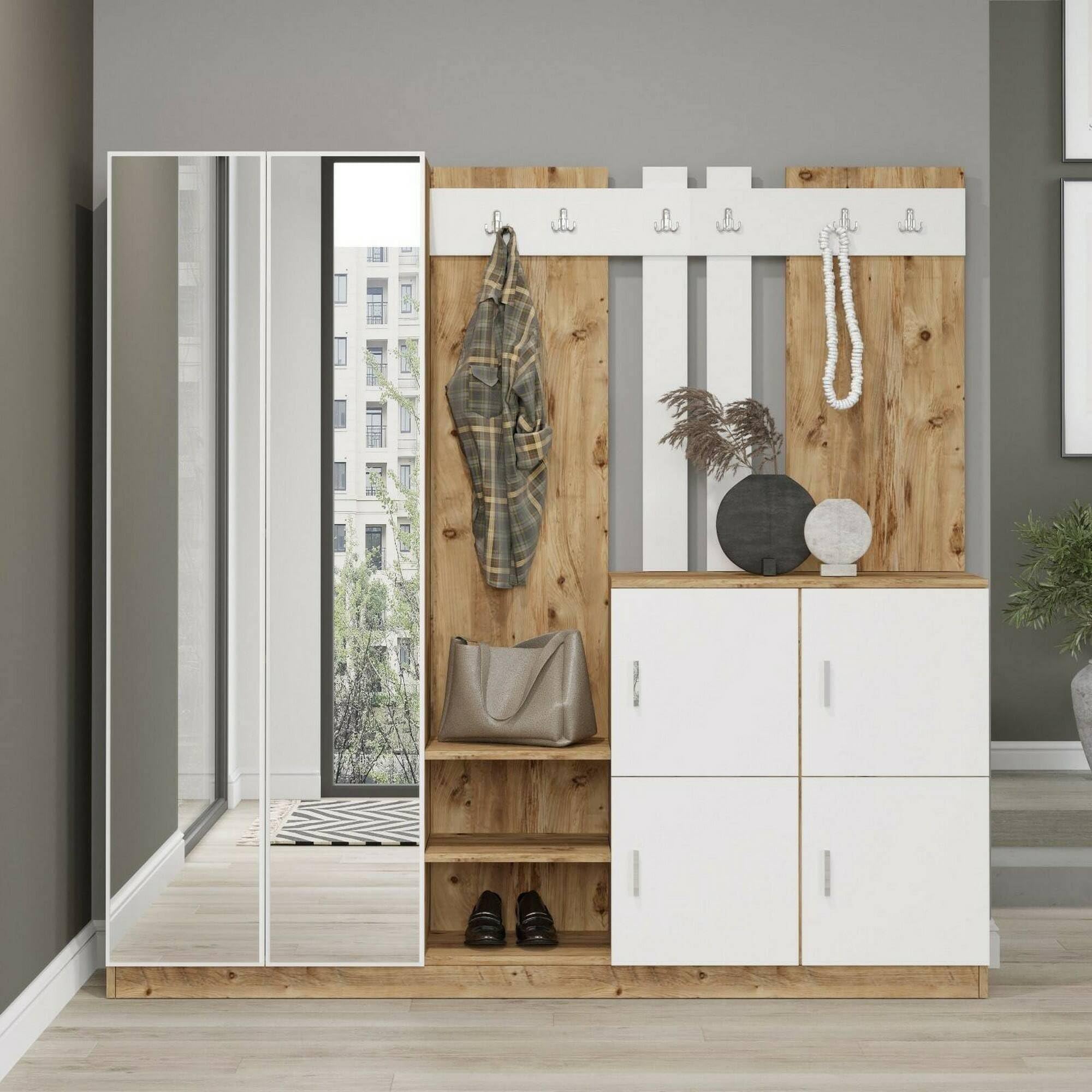 Dmora - Meuble d'entrée Media, Crochet d'entrée, Composition pour l'atrium, Console de Rangement Multifonction, 187x38h180 cm, Chêne et Blanc