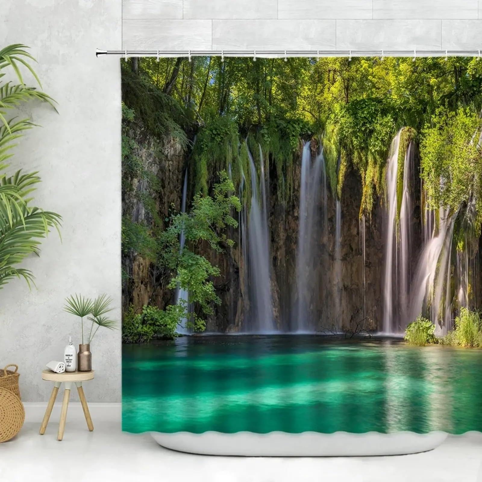 UIYIUI Forest Waterfall Shower Curtain 71X94in/180x240cm Woodland Plants Trees Curtain for Bathroom Decor, Green Spring Natural Scenery Landscape Bathroom Curtains for Shower Stall Bathtubs