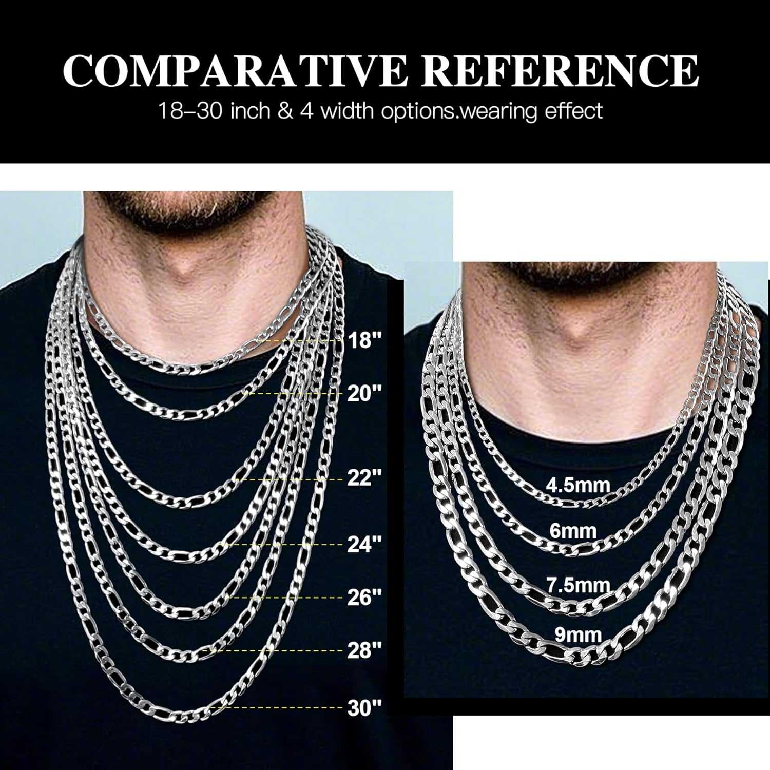 Stainless Steel Figaro Chain Necklace for Men Women, Real Gold/Black Plated Chains, 4/6/7/9mm width,18"-30" Length Jewelry Gift, Send Gift Box - Image 6