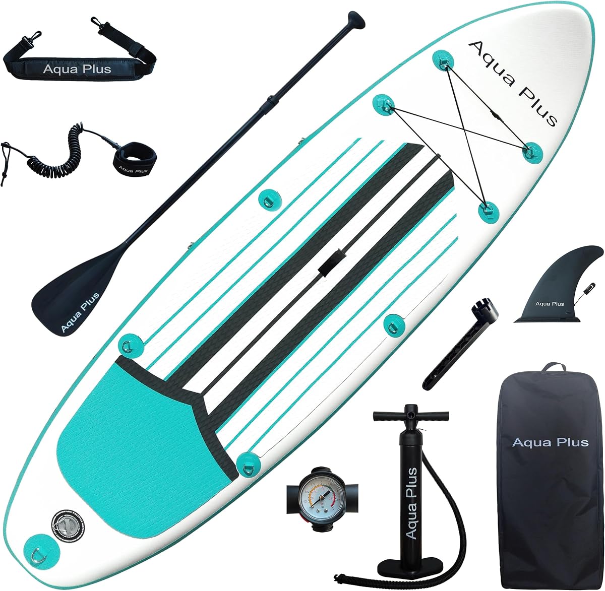 Aqua Plus Sup inflable de 6 pulgadas de espesor para todos los niveles de habilidad Tabla de remo de pie, remo, bomba, mochila de viaje ISUP, correa, correa para el hombro, tabla de remo inflable para jóvenes y adultos