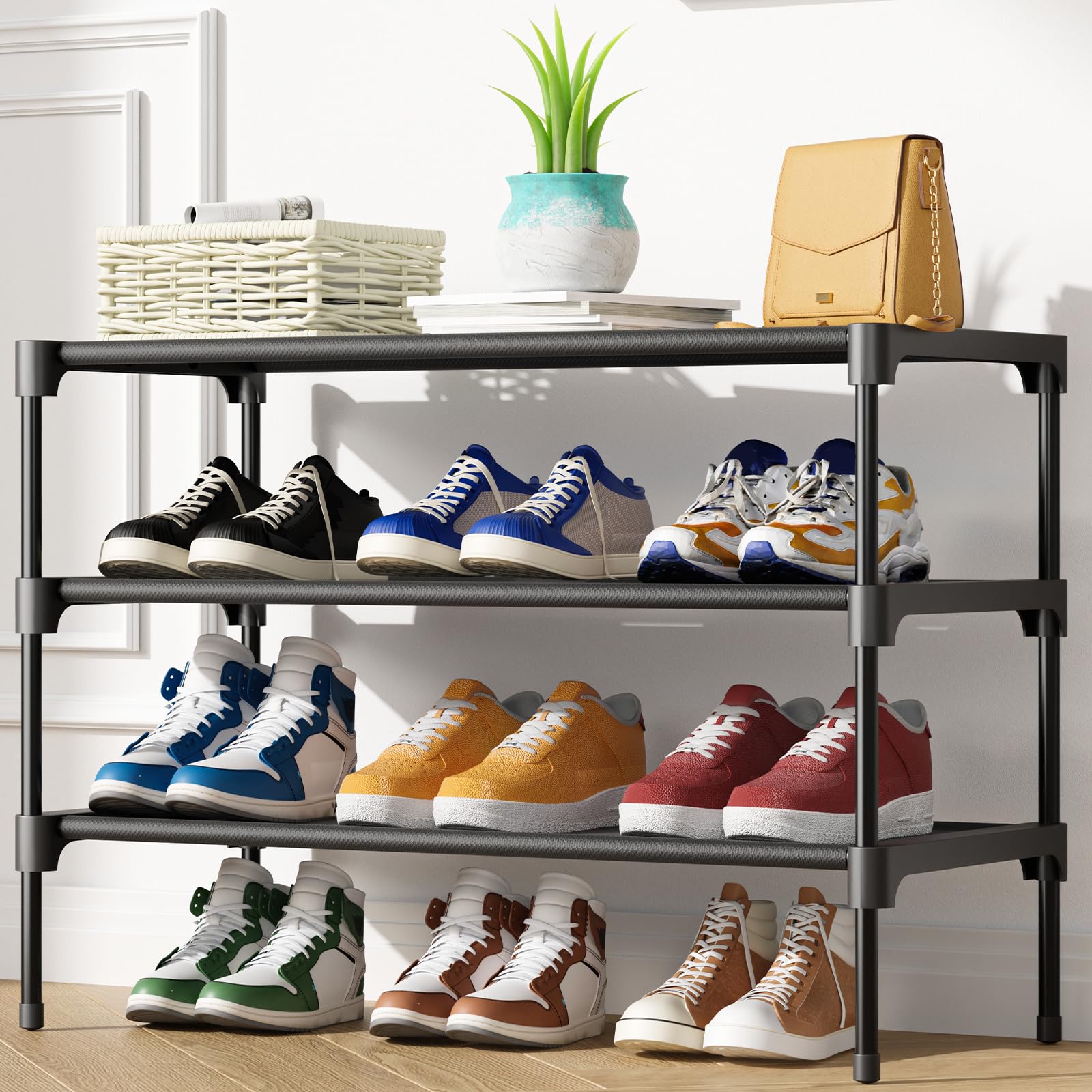 Kitsure Shoe Rack - Non-Woven Shoe Rack Shelf, Shoe Organizer for Closet, Entryway, Garage & Corridor, Stackable Shoe Shelves, 27.5" Wide - 3 Tier, Black