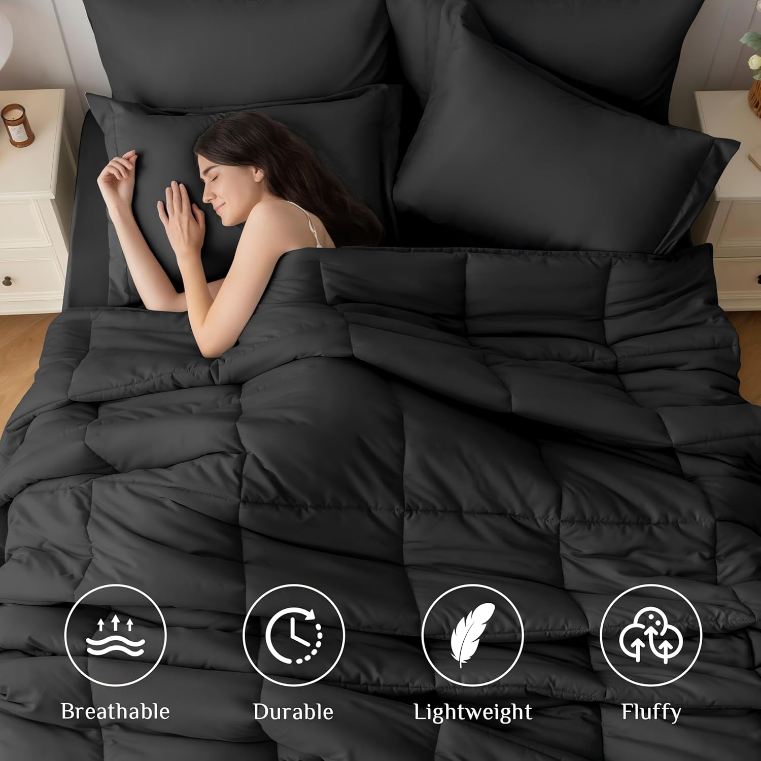 JOLLYVOGUE Queen Comforter Set 7 Pieces - Black Bed in a Bag Ultra-Soft - Goose Down Alternative - Premium 1800 Series with Comforter, Sheets, Shams & Pillowcases