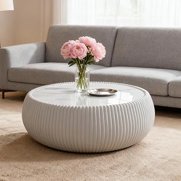 Modern Round Drum Coffee Table, Circular Fluted Drum Coffee Table with White Marble Tabletop & Leatherette Wrapped Frame, Luxury Circle Center Sofa Side Table for Living Room Apartment Small Space