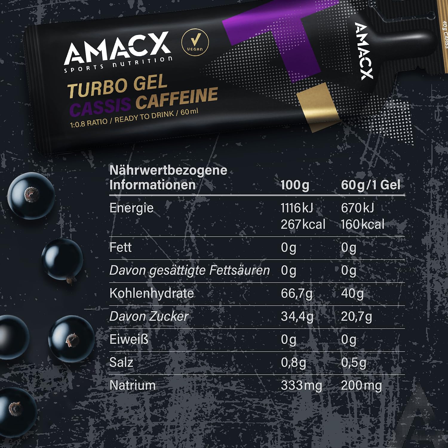 AMACX Turbo Energy Gel per Atleti di Resistenza con Caffeina e 40g di Carboidrati – Confezione da 12 – Gel Energetico Ciclismo y Running – Carbogel con Sali Minerali Integratori – Cassis/Caffeina
