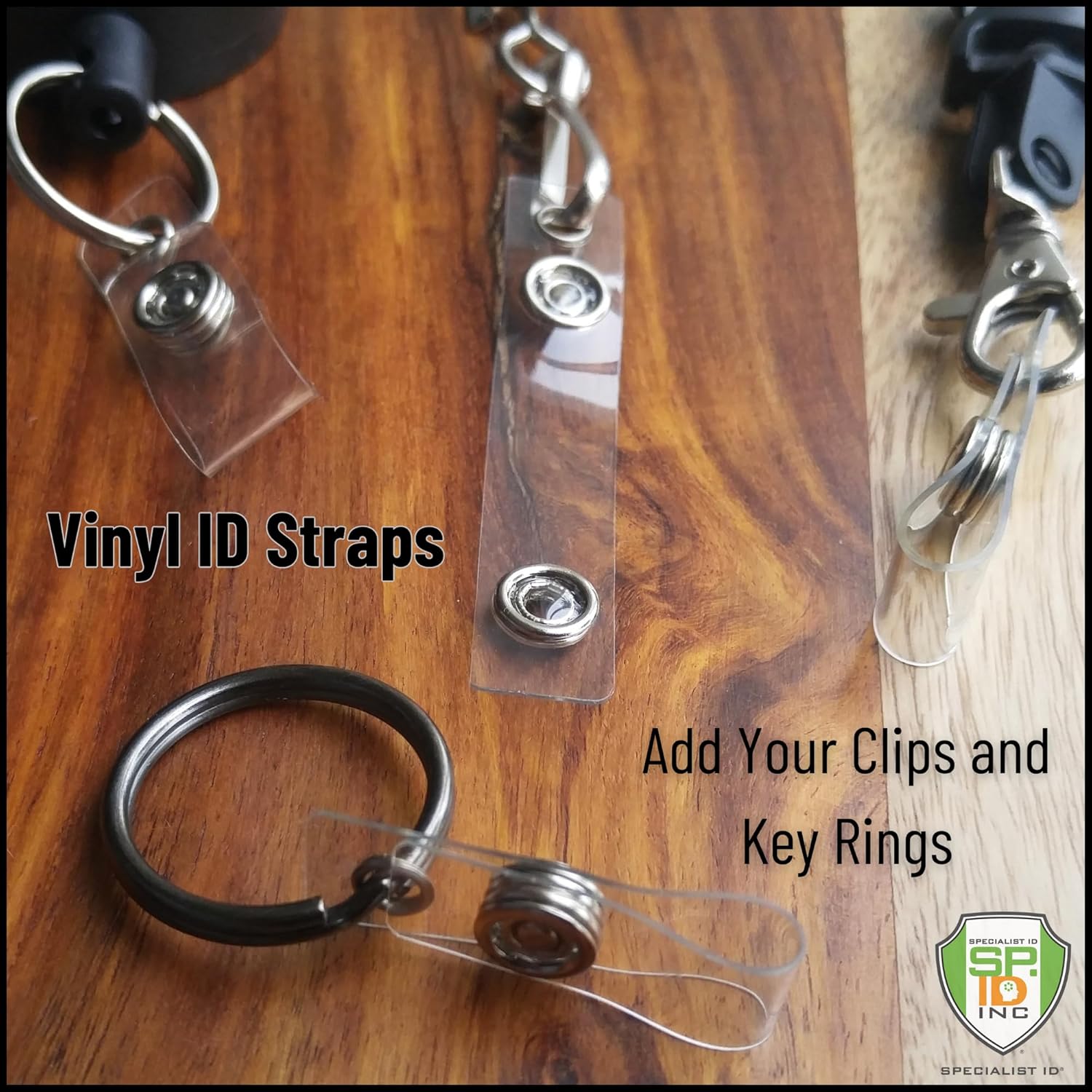Bulk 100 Pack - Clear Vinyl Plastic ID Badge Holder Strap with Snap & Eyelet Hole (Bulk Pack) Easily Attach to Lanyards & Key Rings - Badge Strap Attachment for Badges by Specialist ID