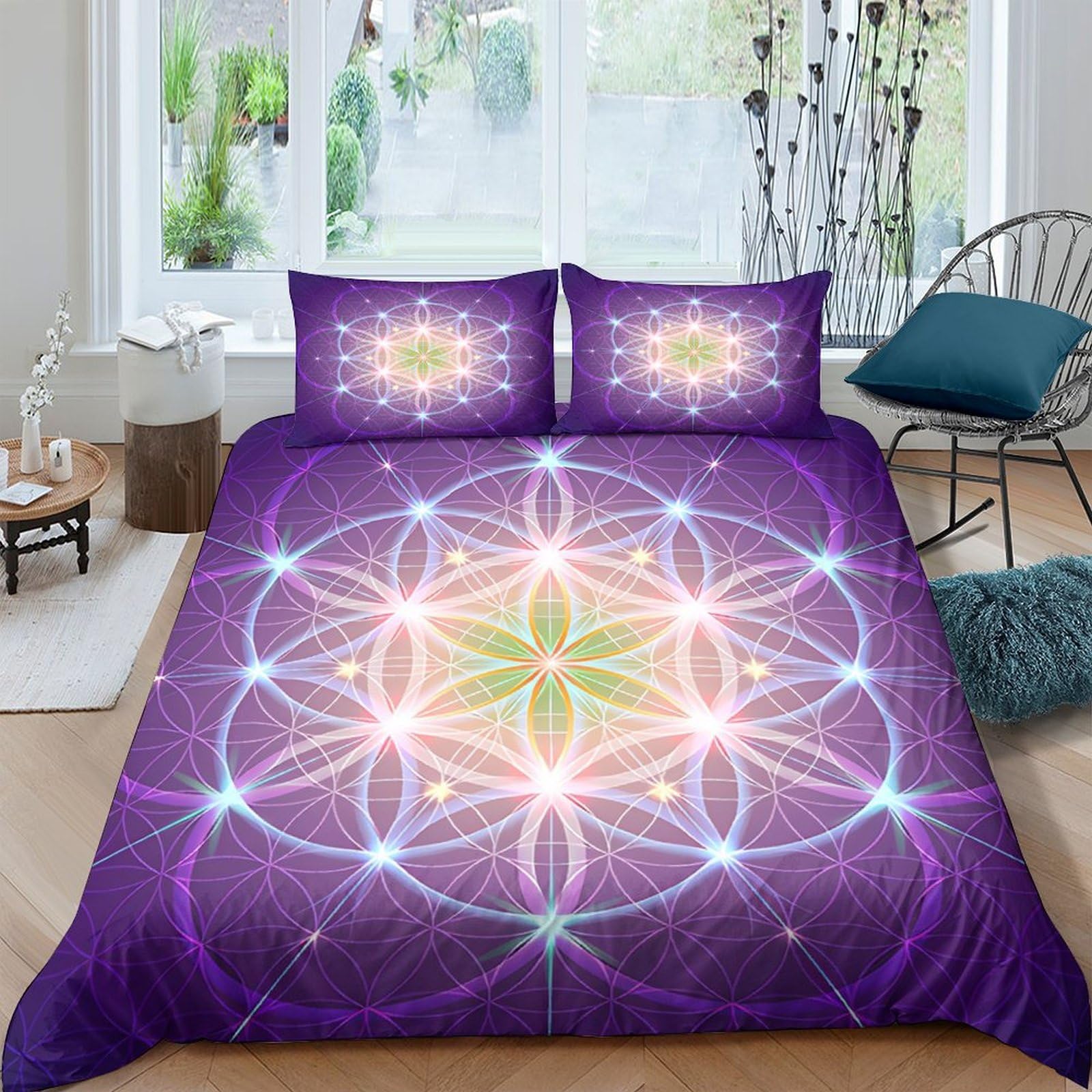 Ctjqhvkz Style-5 3D Printed Mandala Pattern Fitted Sheet Microfiber Purple Sacred Geometry Mattress Cover For Bedroom Dorm Decor Single（135X200cm）