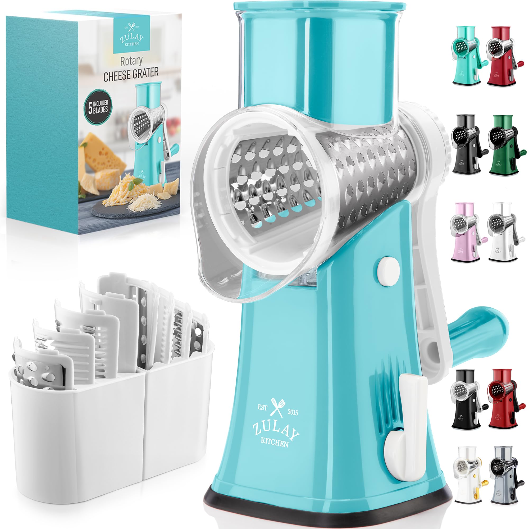 Rotary Cheese Grater Manual Hand Crank 5 Blade Shredder, White &amp; Light Blue