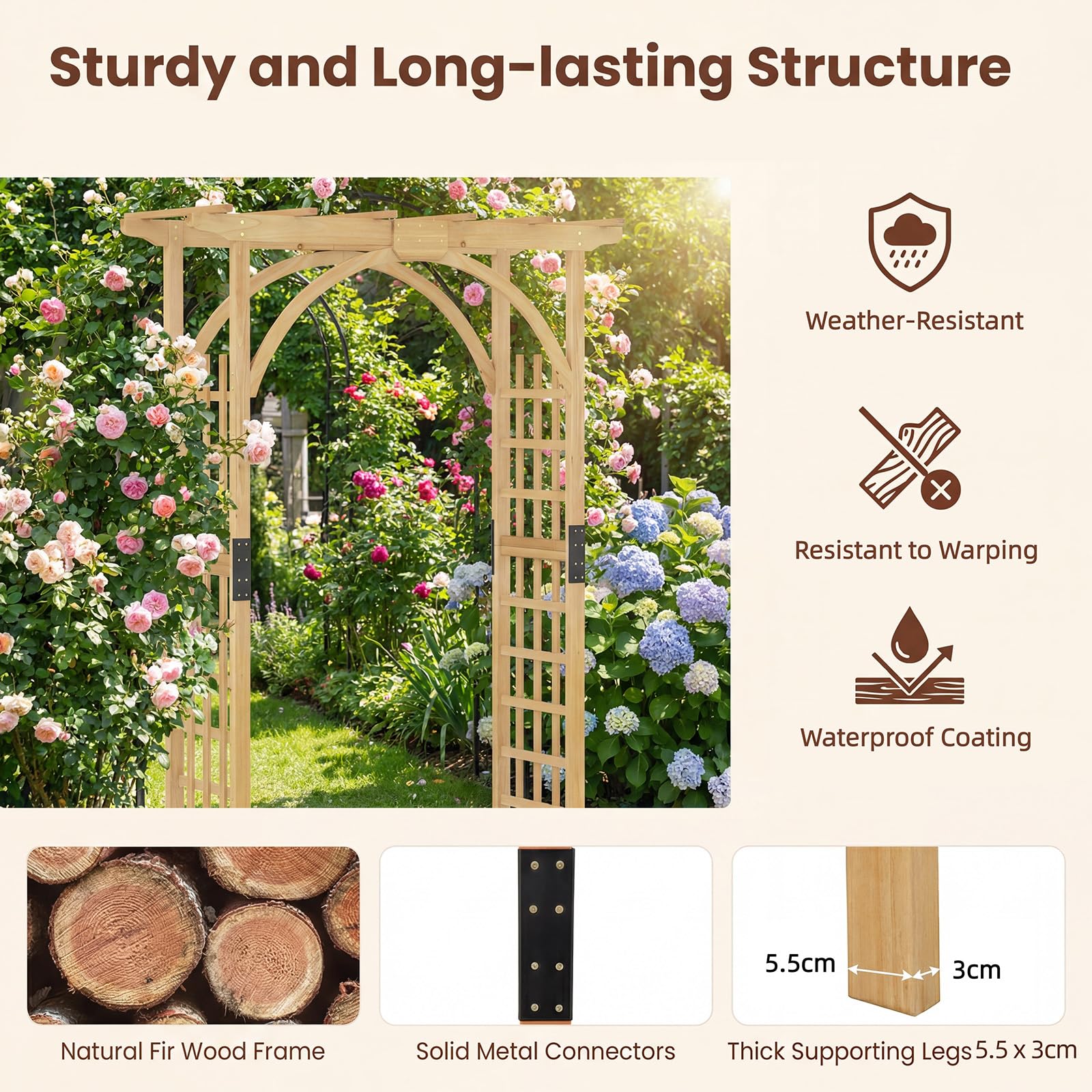 HOMASIS Gartenbogen Holz, Rosenbogen für Rosen & Kletterpflanzen, Rankhilfe für Hochzeit Garten Partys, Rankgitter Spalier Torbogen Rosengitter Pflanzenstütze mit Dach (Natur, 160 x 60 x 216 cm)