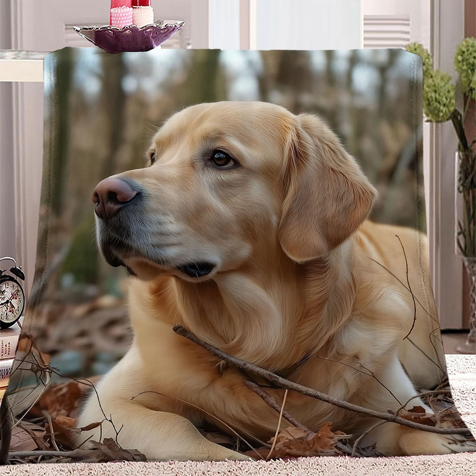 Golden Retriever koce flanelowe z nadrukiem, na drzewa, 200 x 220 cm, na jesień i zimę, dla mężczyzn, kobiet i dorosłych, dekoracyjny koc na łóżko i kanapę, żółty