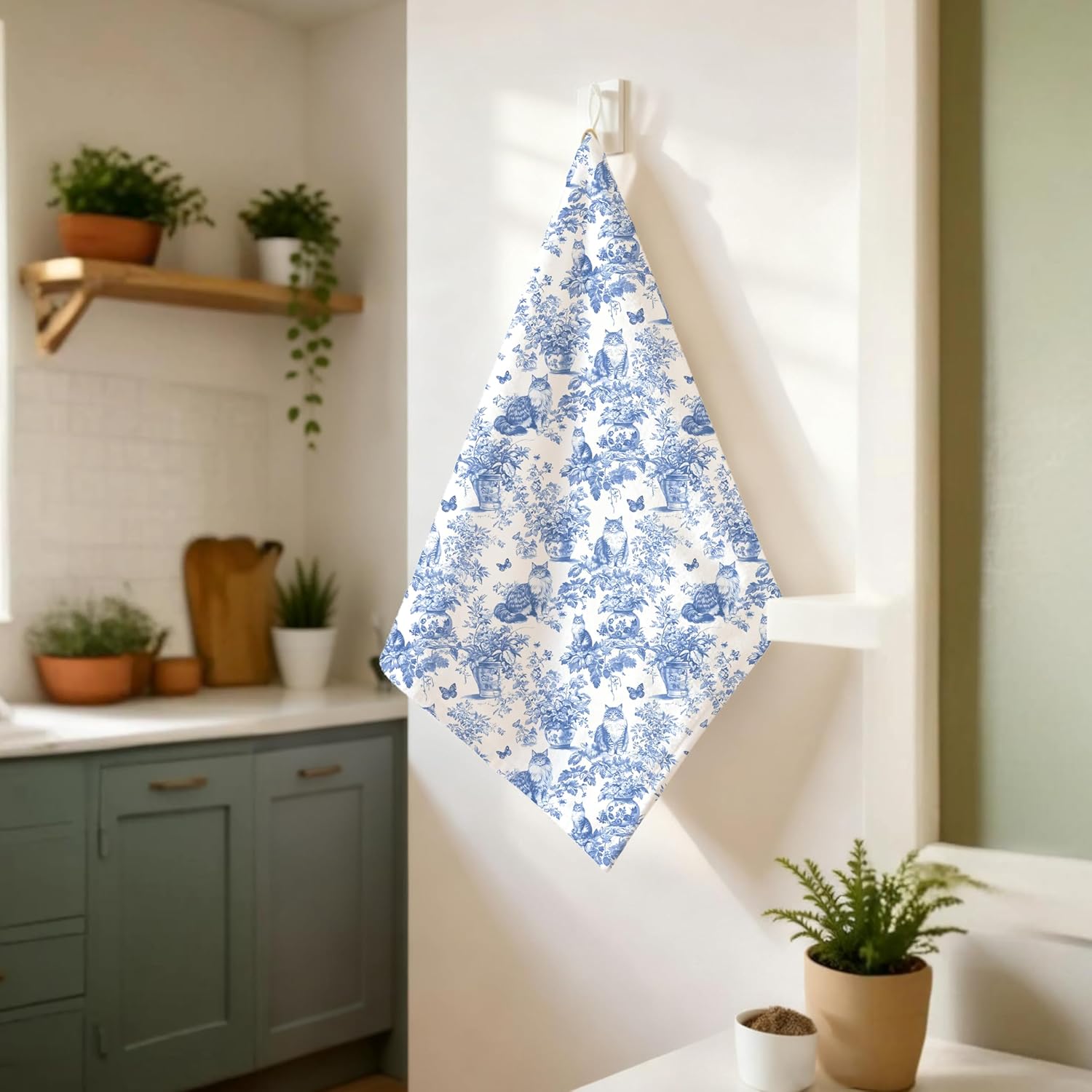 Chinoiserie Maine Coon Kitchen Towels,Cat Gifts for Women,Blue and White Cat Floral Decorative Hand Towels for Kitchen Bathroom,16x24 Inch - Image 4