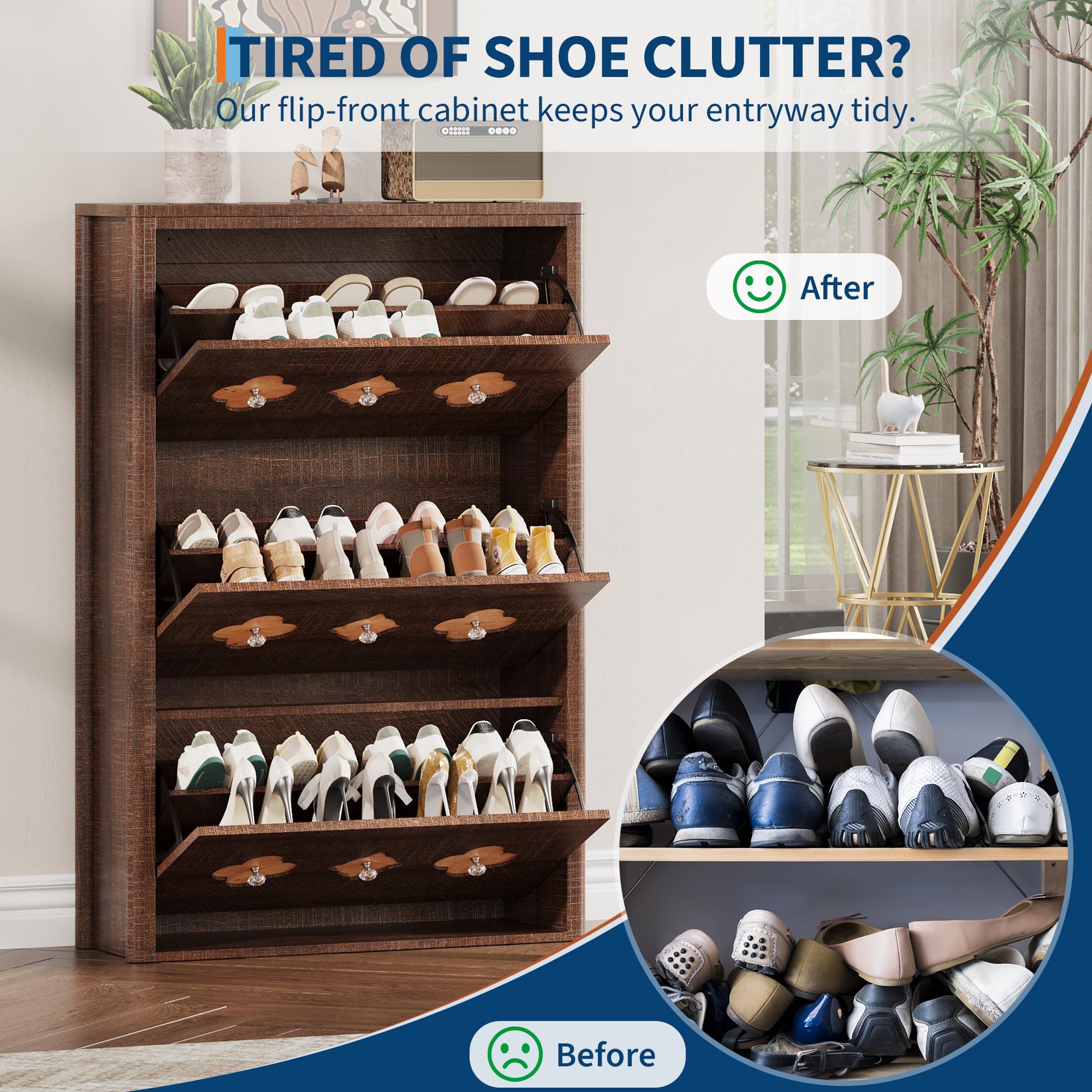 Platzsparender Schuhschrank schmal, freistehend – 3 Klappfächer mit Türen, florales Durchbruchmuster, diamantförmige Griffe, verdeckter Schuhstauraum, Holz, Braunrot, 3-Umdrehen Bucket