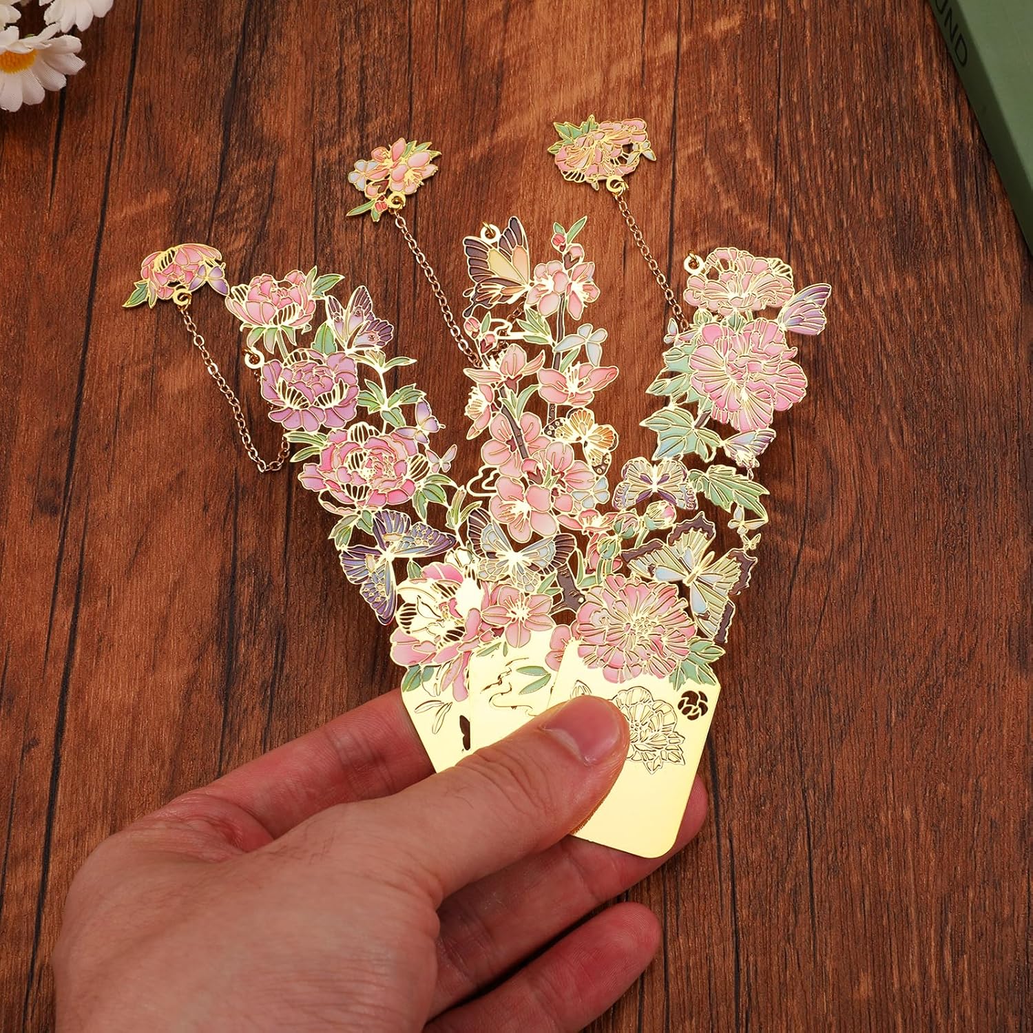 3 PCS Metal Bookmarks - Pretty & Beautiful Flower Bookmarks for Women - Peach Blossom, Cottonrose Hibiscus, Peony - Image 3