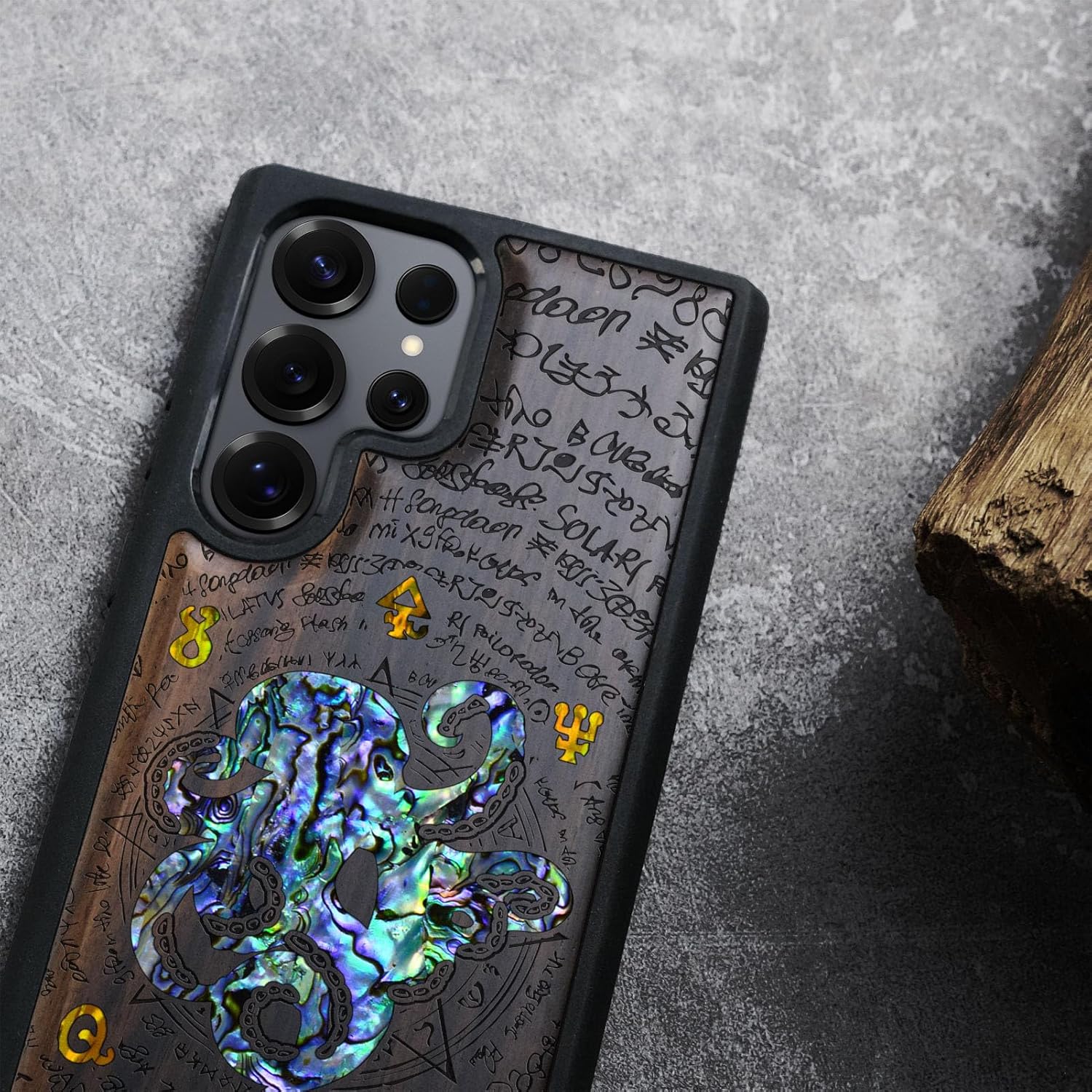 Carveit Magnetic Wooden Case for Samsung Galaxy S25 Ultra Case, Wood Artisan Engraved & Handmade Shell Inlaid, Compatible with MagSafe Wireless Chargers (Octopus and Octagonal Star) Blackwood