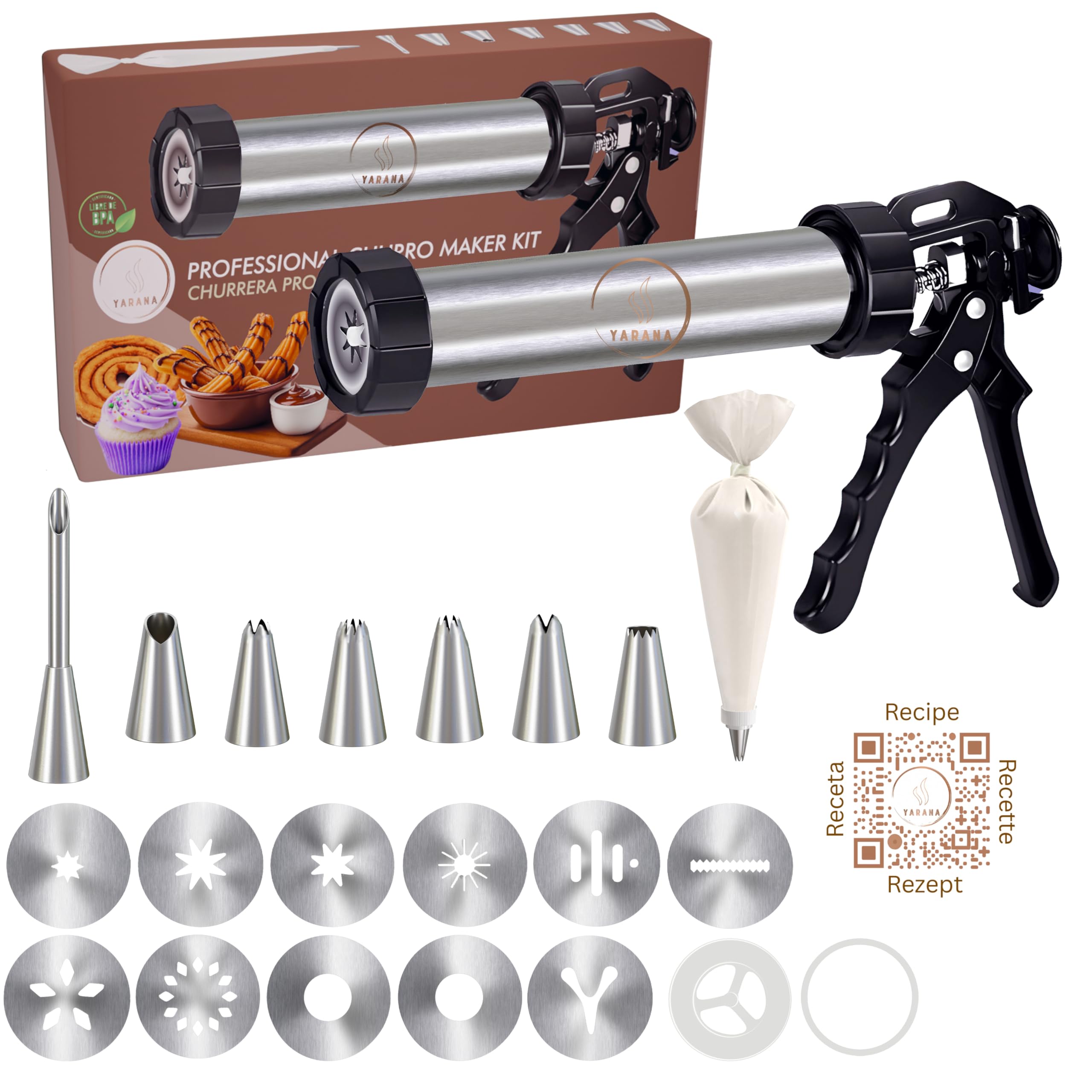 Appareil à Churros Acier Inoxydable 304 - Kit Machine à Spritz et Presse à Biscuits, Poche à Douille, 7 Douilles, 8 Disques (Chichis & Sablés), Livre Recettes