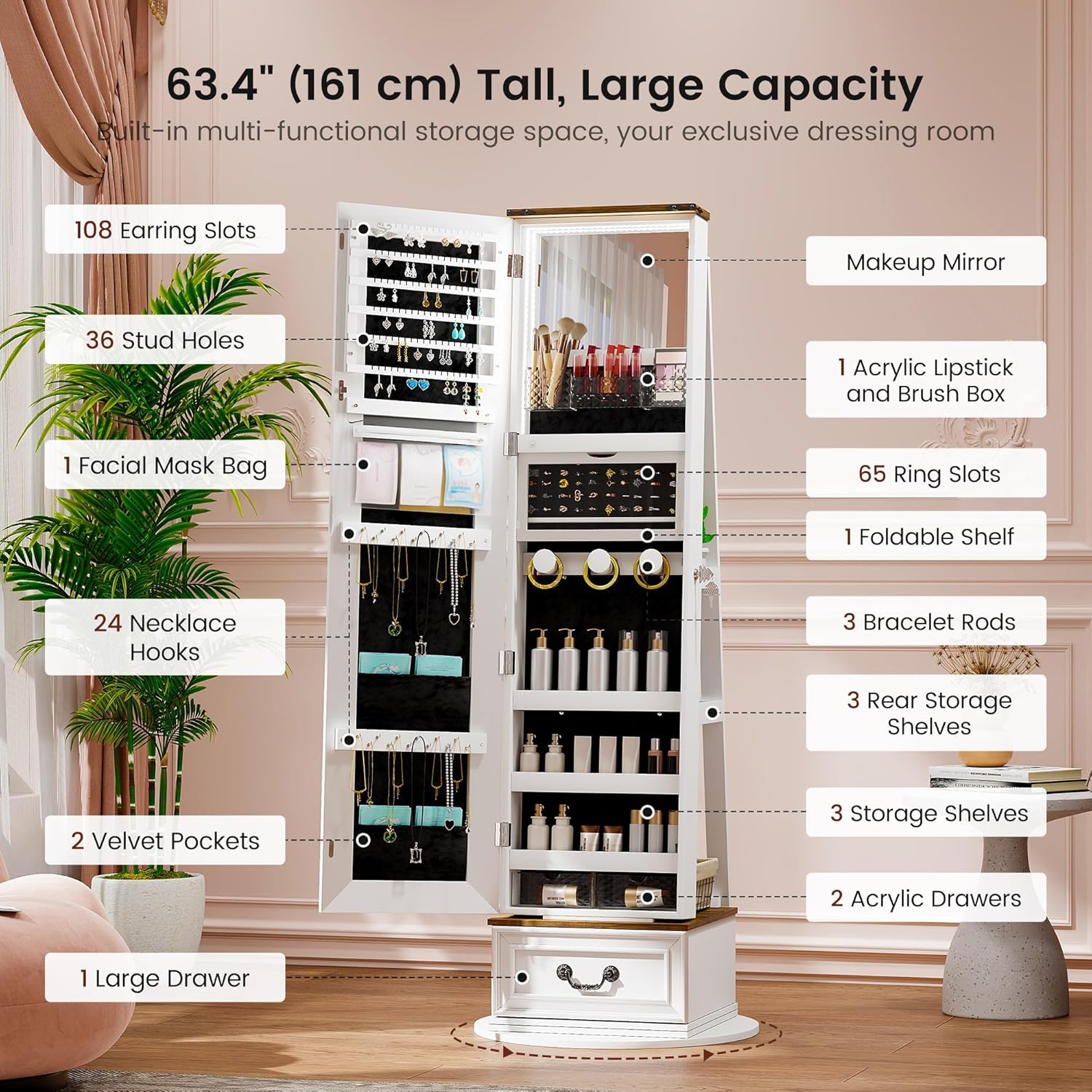 LVSOMT LED Mirror Jewelry Cabinet Standing, Jewelry Armoire Organizer with Full Length Mirror, 360°Swivel Mirror with Jewelry Storage and Large Wooden Drawer (Pristine White)