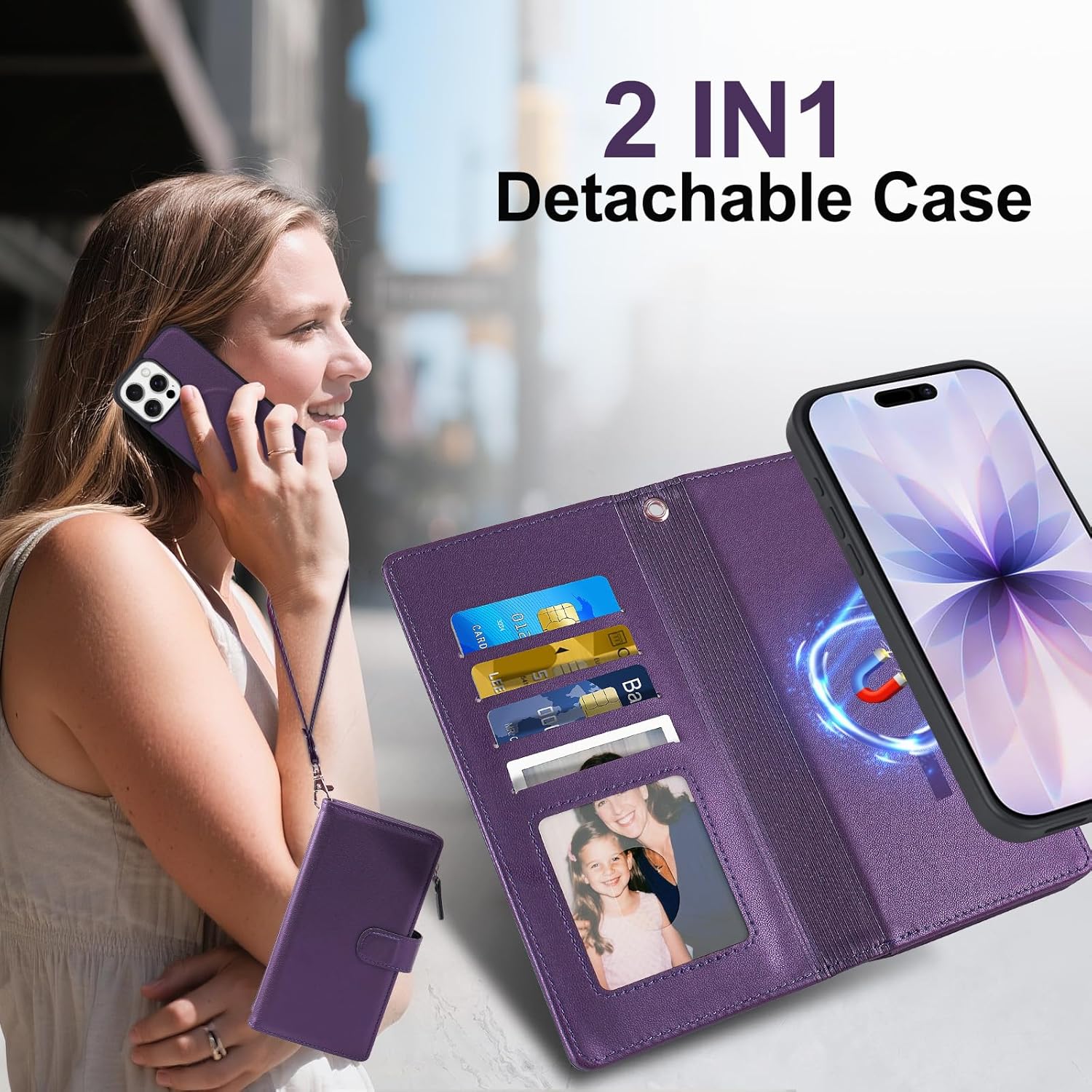 Magnetic Case for iPhone 15/14 Plus Wallet Compatible with Magsafe RFID Blocking Card Holder Detachable Phone Cover Kickstand Snap Strap Zipper Pocket PU Leather 6.7 inch (Purple)