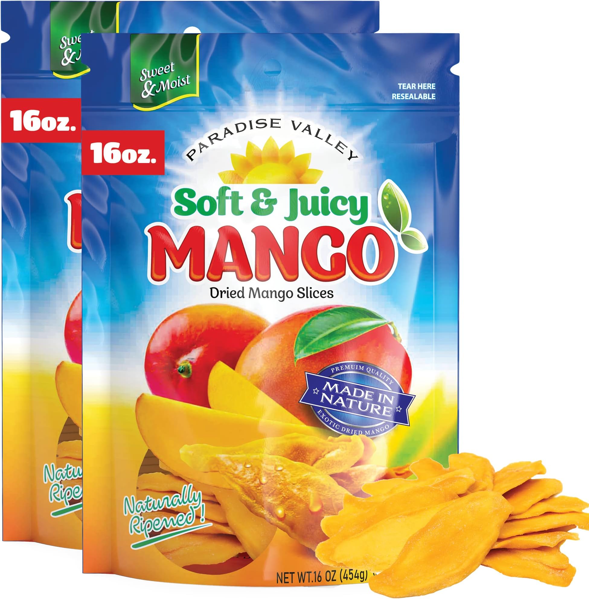 Dried Mango Slices - Delicious Texture Soft & Juicy Low Sugar Added Dried Mango - Naturally Ripened Mangos Dried Fruits - Gluten Free Dry Mangoes Natural Source of Vitamin C, Fiber, (16 oz 2 Pack)