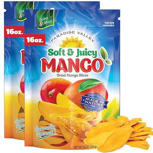 Dried Mango Slices - Delicious Texture Soft & Juicy Low Sugar Added Dried Mango - Naturally Ripened Mangos Dried Fruits - Gluten Free Dry Mangoes Natural Source of Vitamin C, Fiber, (16 oz 2 Pack)