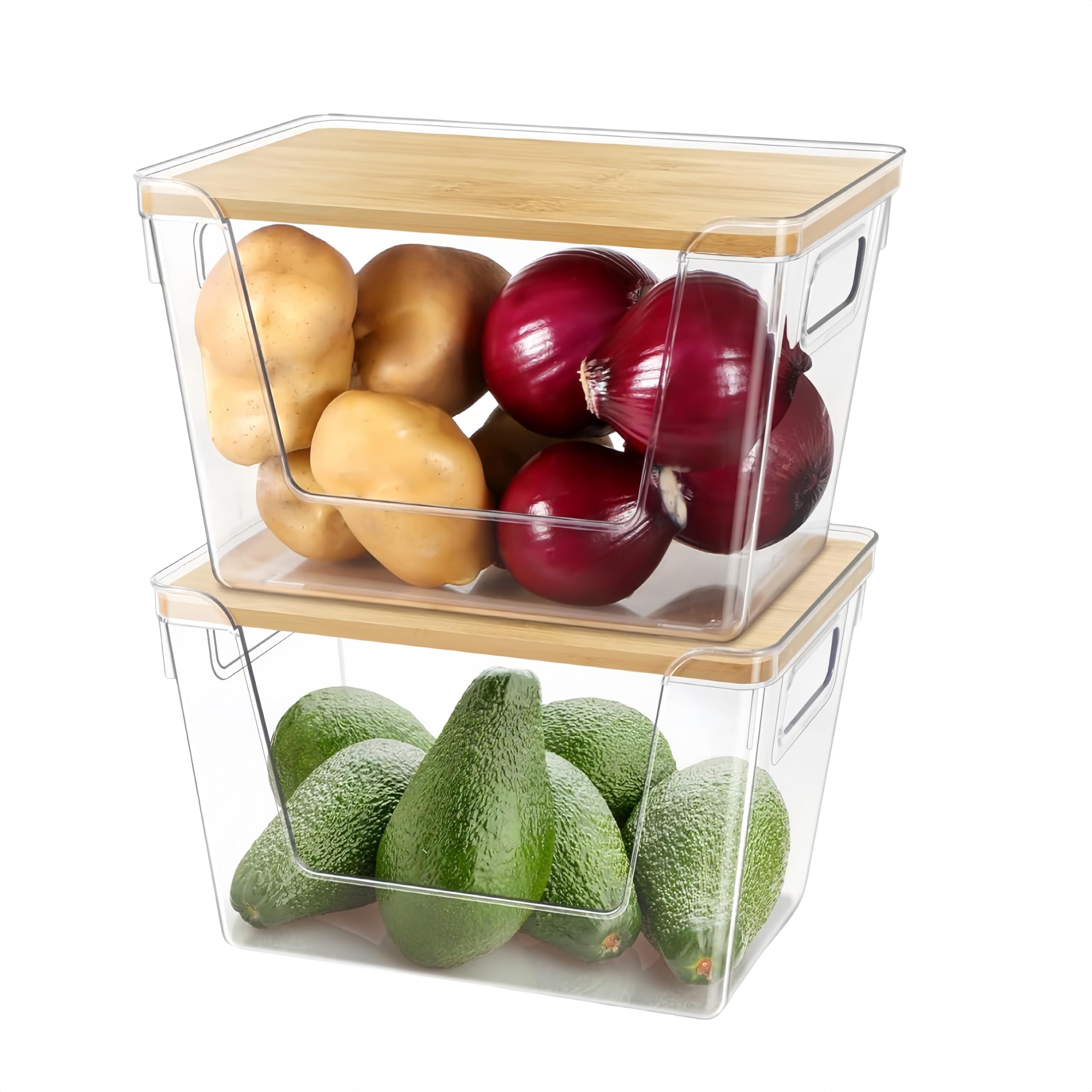 MEETOZ 2 Set Stackable Storage Bins with Bamboo Top,Pantry Organizers and Storage,Trash Bag Holder Dispenser,Fridge Organizer for Fruit,Onion,Potato,Produce,Vegetables