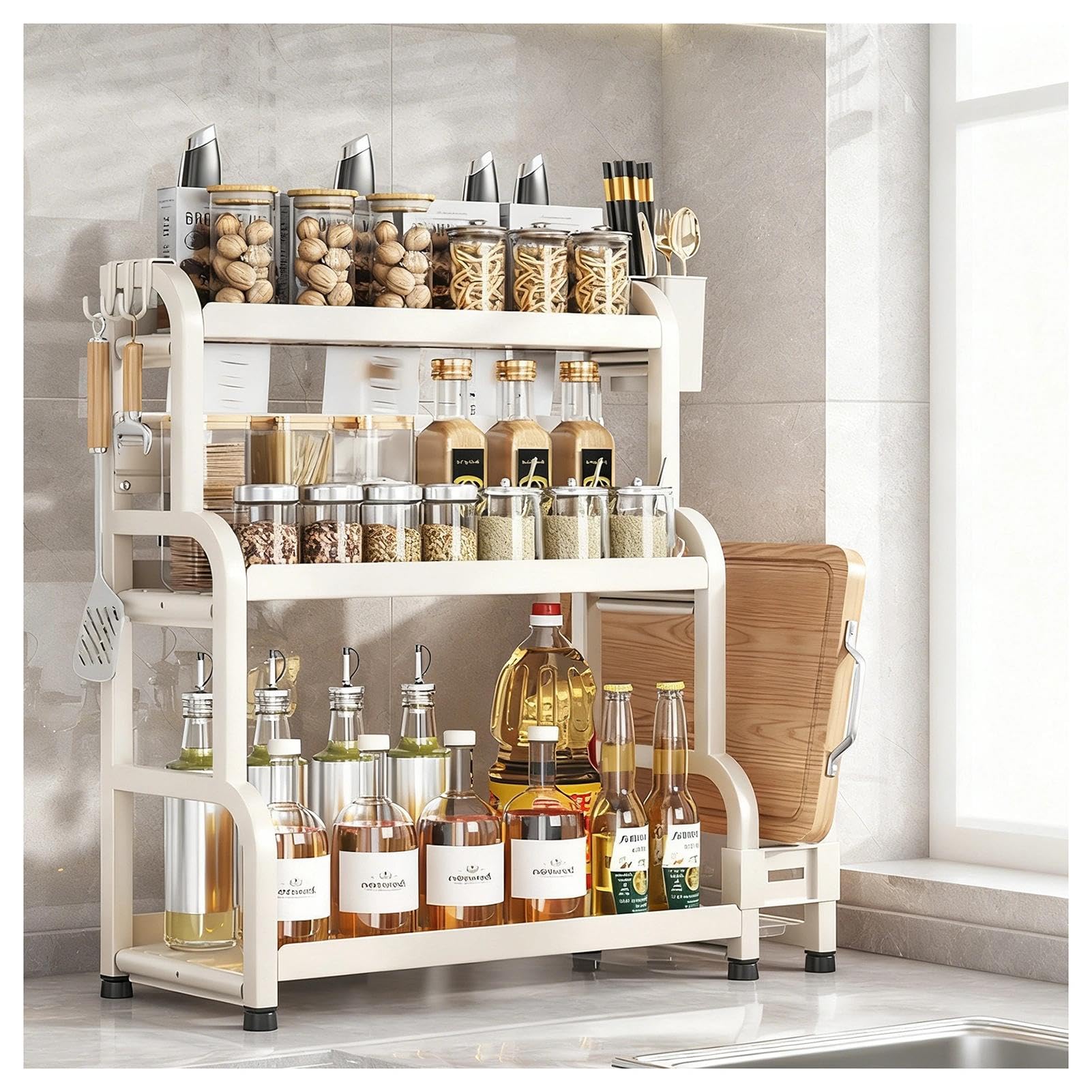 HADECOLL Multifunctional Spice Rack With Knife Holder, 3-Tier Storage Tray With Hooks And Utensil Holders, For Kitchen Pantry Bathroom,3 Tier-19.7in