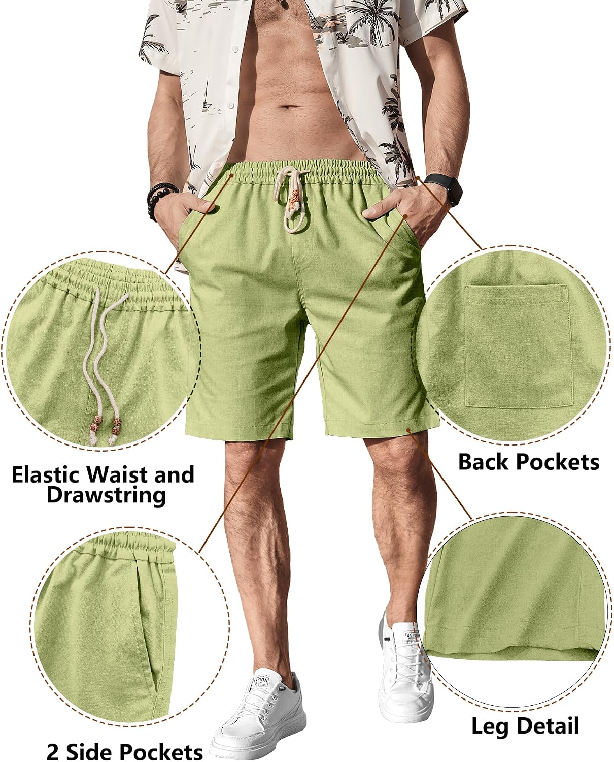 Comdecevis Men's Linen Shorts Casual Elastic Waist Drawstring Summer Beach Vacation Yoga Golf Shorts with Pockets thumbnail