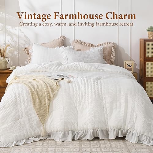 Miniatura 2 de JOLLYVOGUE King Size Comforter Set, White Seersucker 3 Pieces Comforters King Size, Lightweight & Fluffy Bedding Sets King for All Season with 1