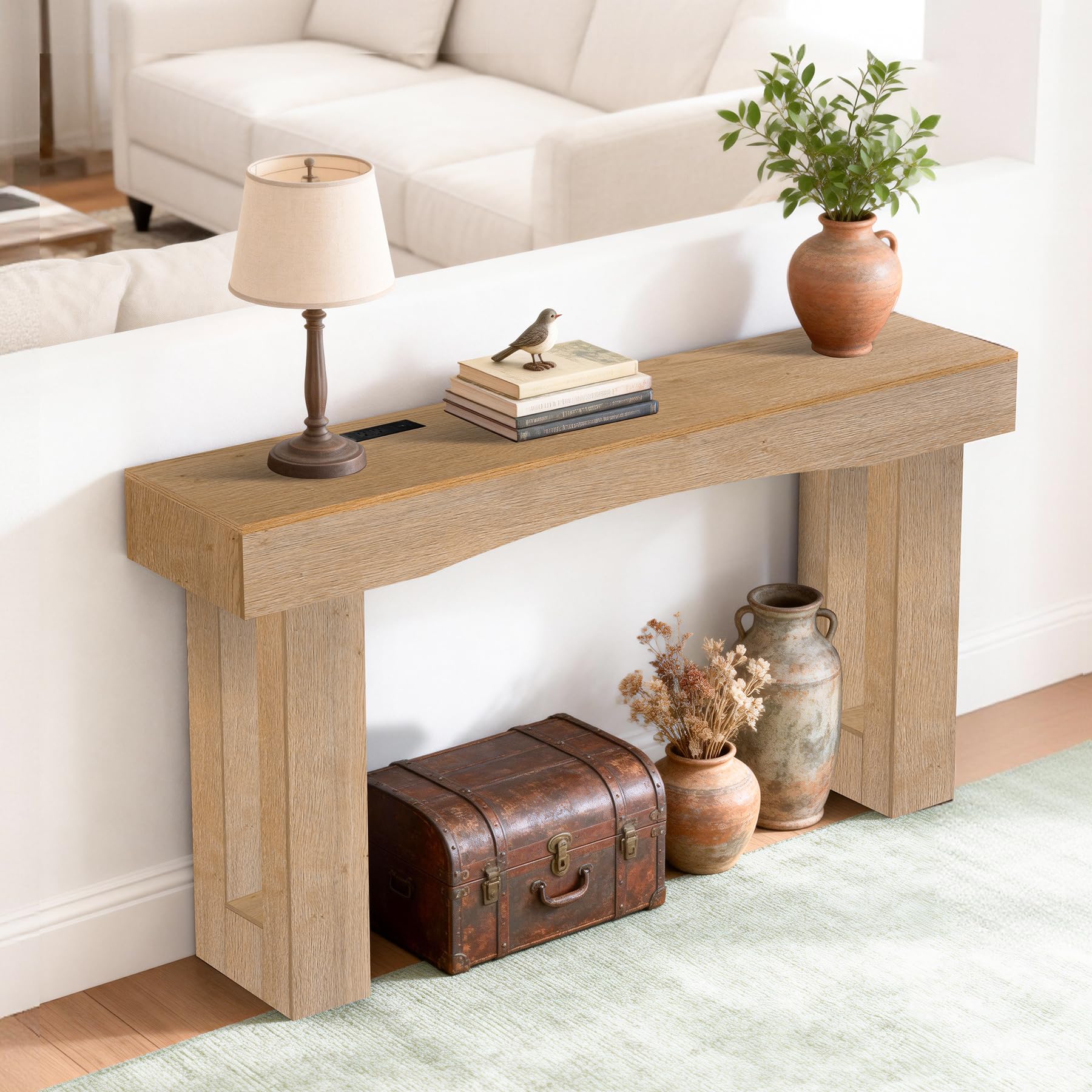 Sonharlar 63 Inch Long Entryway Table Hollow, Wooden Console Table with Socket Farmhouse Sofa Table for Entrance, Hallway, Living Room,Behind Couch(Oak Brown)