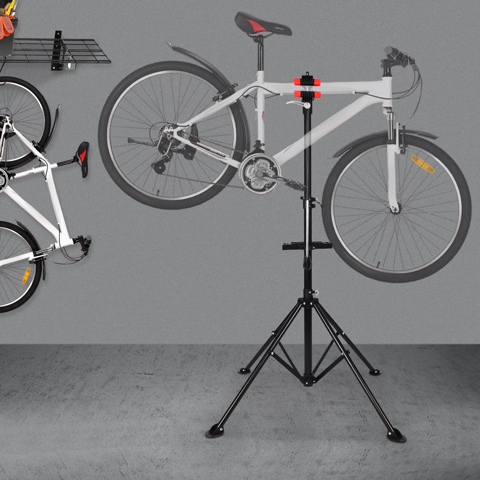 Supporto per montaggio per bicicletta, pieghevole, regolabile in altezza, set di riparazione con ripiano per attrezzi, asta di bilanciamento (nero + rosso)