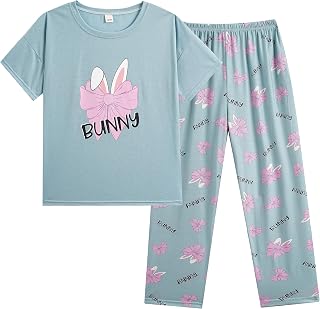 Vopmocld Big Girls' Short Sleeve Long Pants Pajama Sets 2PCS Cartoon Pattern & Letters Printed Sleepwear Lounge for Teens