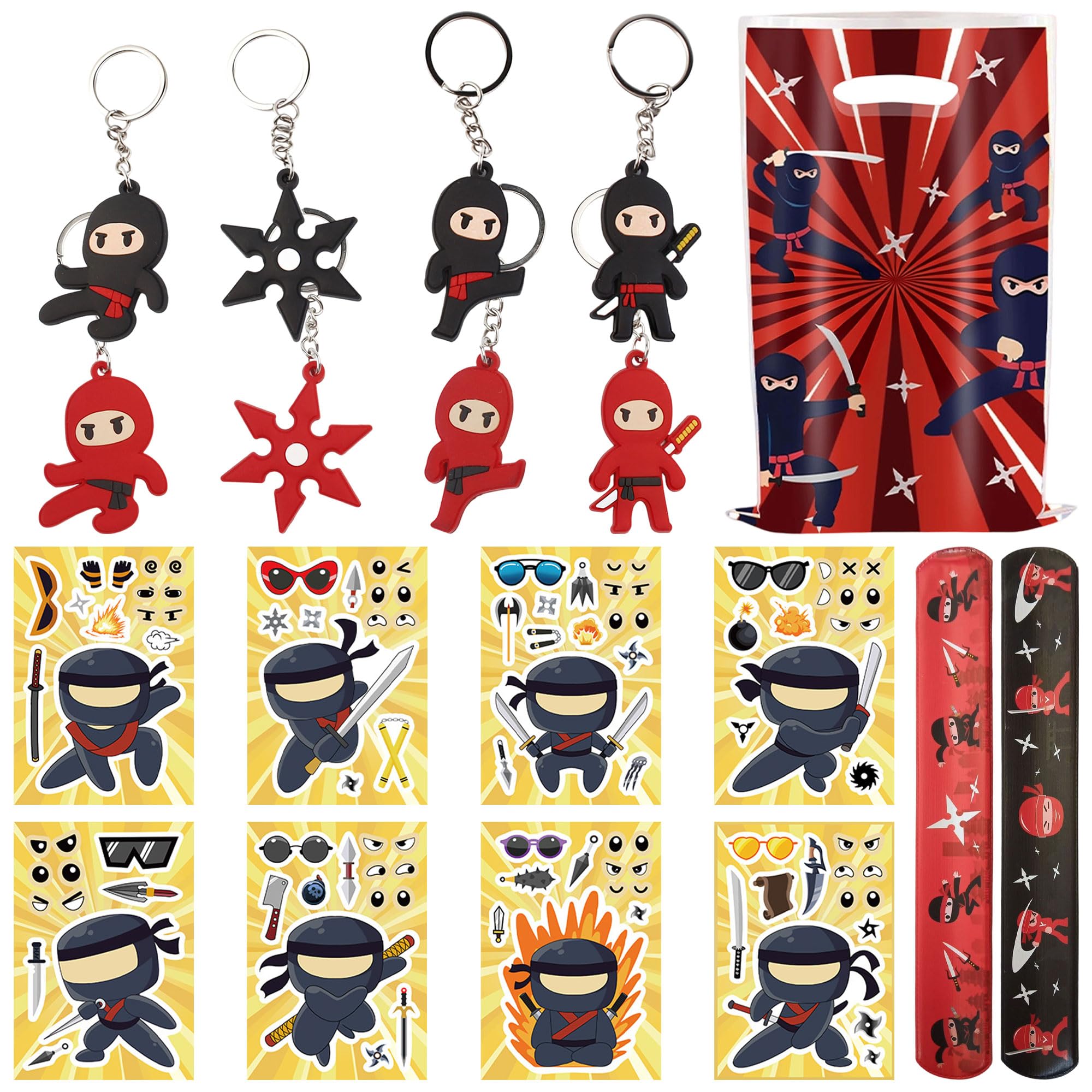 Roaring Good Time Ninja Party Favors Ninja Birthday Party Decorations Supplies for Ninja Warrio Gift Bags Slap Bracelets Rubber Keychain Stickers 38 PCS