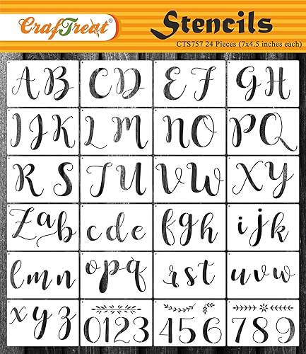 CrafTreat 24 plantillas de caligrafía (7 x 4.5), letras cursivas, plantillas reutilizables para manualidades, ropa, pasteles, pintura en aerosol,