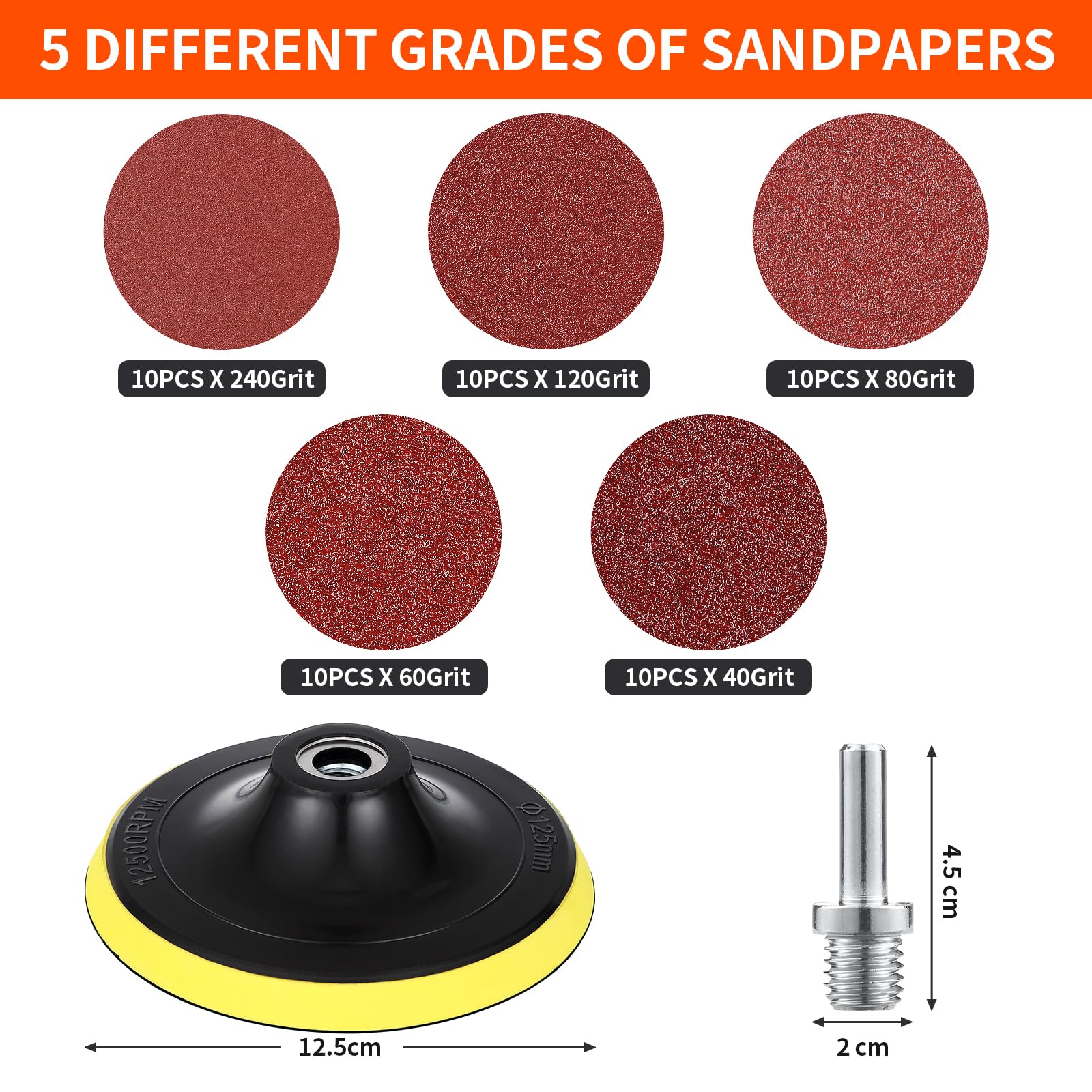 Kit Disque Abrasif 125mm M14 - 50 Pièces Plateau Ponçage 40/60/80/120/240