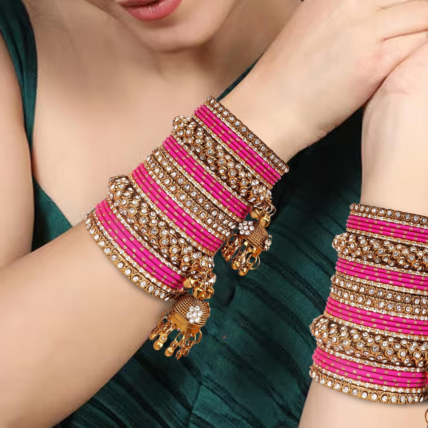 RUPIKA Traditional Indian Bangle Set for Women with Antique Gold Polished Metal Kade with Hangings & Colorful Bangles | Ethnic Wedding, Bridal, Festival & Party Jewelry