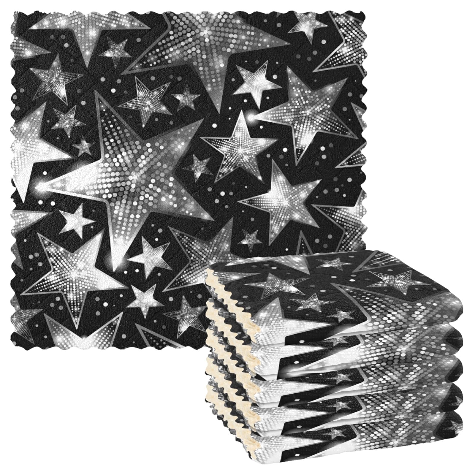 Poeticcity White,Silver Silver White Shiny Sparkles And Sequins In The Form Of Stars On Dark 6 Set Kitchen Dish Towels, Washcloths Cleaning Cloths Dish Cloths, Absorbent Towels Lint Free Bar Tea Soft Waffle Towel 11"X11"