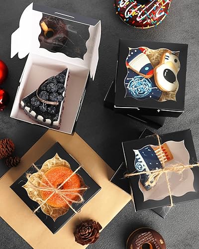 Miniatura 7 de qiqee Cajas de panadería negras con ventana de 4 x 4 x 2.5 pulgadas, 100 paquetes de mini cajas de galletas para macarrones, cajas de pastelería
