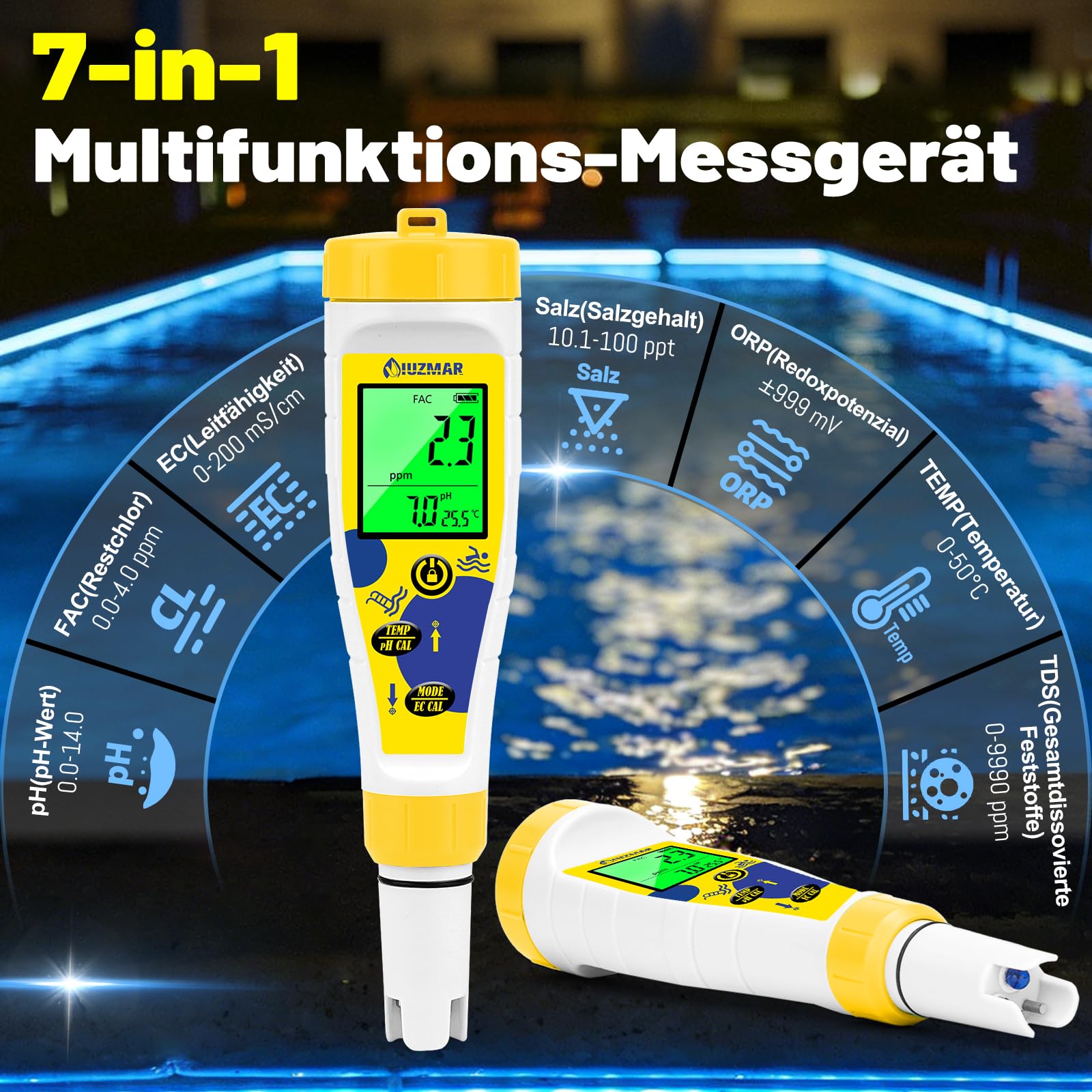 UIUZMAR pH Wert und Chlor Messgerät Pool, 7-in-1 pH Salzgehalt EC TDS ORP Messgerät für Hydroponik Aquarium