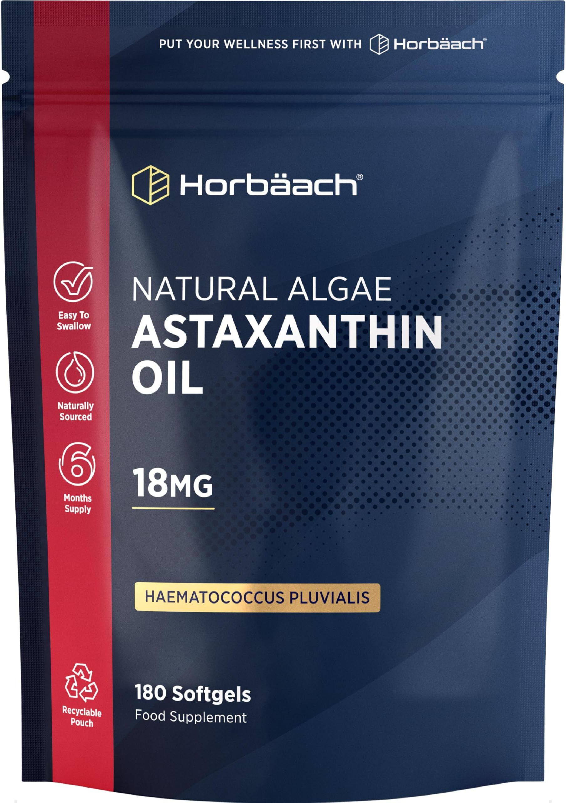 Astaxanthin Supplement 18mg | 180 High Strength Softgels | Naturally Sourced from Haematococcus Pluvialis Algae | By Horbaach