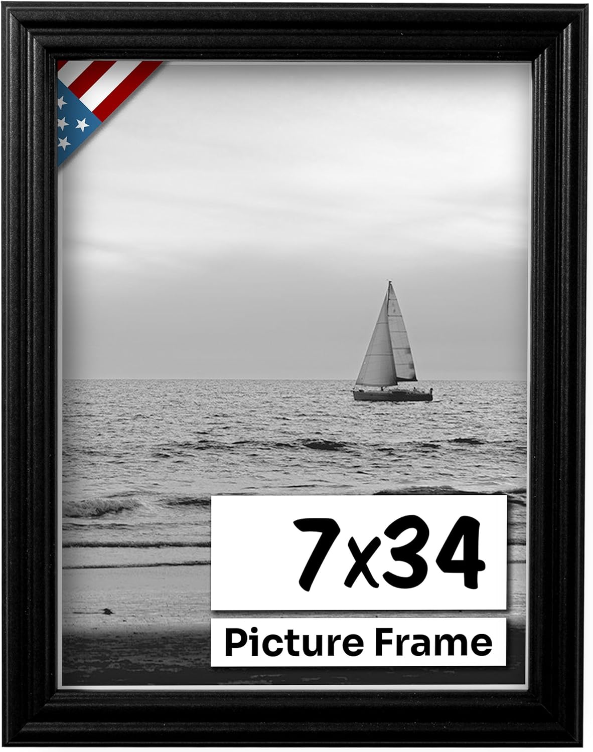 Black 7x34 Picture Frame .75" Inch Wide - Black Wall Decor Handmade Solid Wood Frames with Preinstalled Hangers and UV Blocking Plexiglass 34x7 Frame